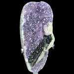 Amethyst Geode from Uruguay with Hematite and Calcite Mineralization Sitting atop a Metal Display Stand