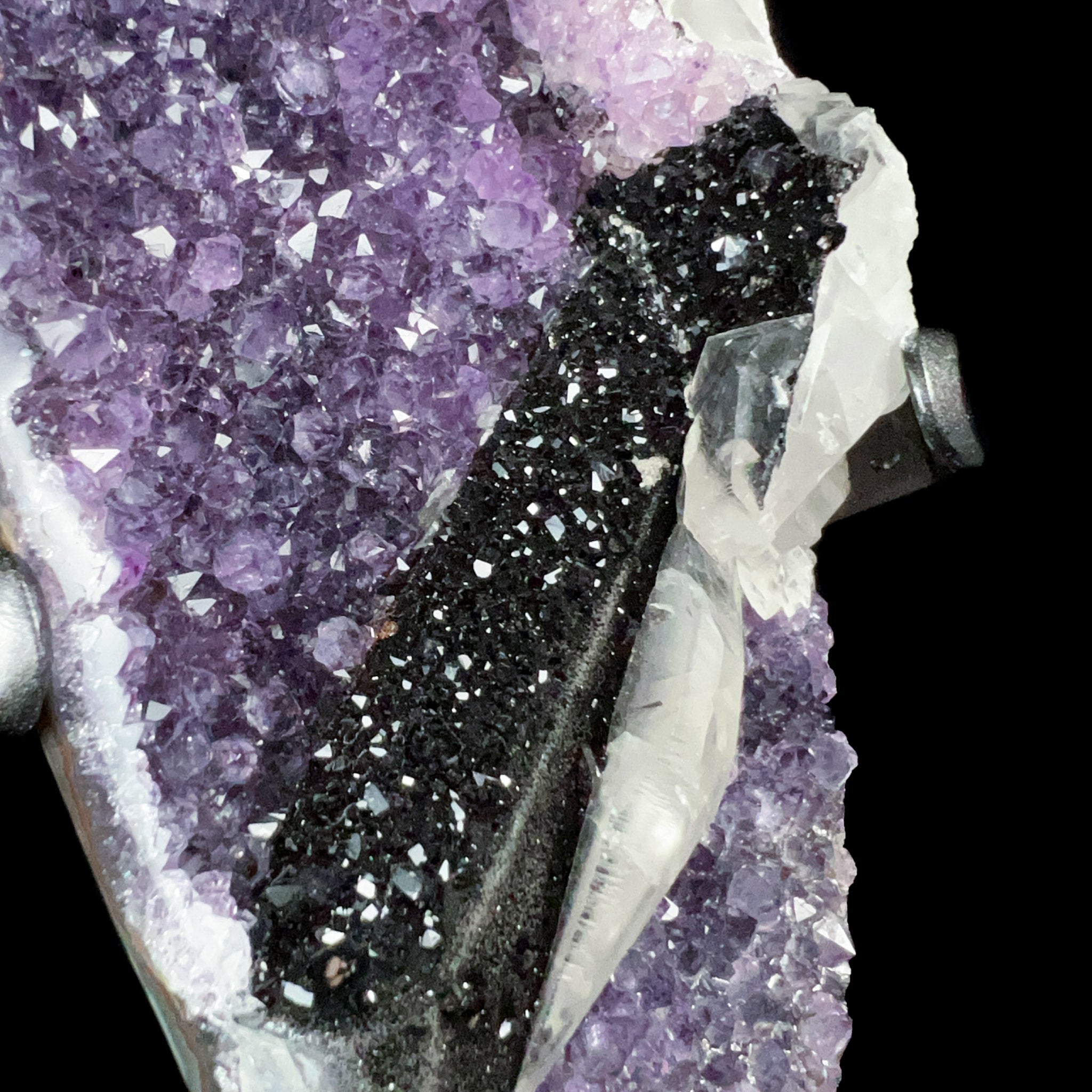 Black Hematite Crystals with White Calcite Crystals and Purple Amethyst Crystals