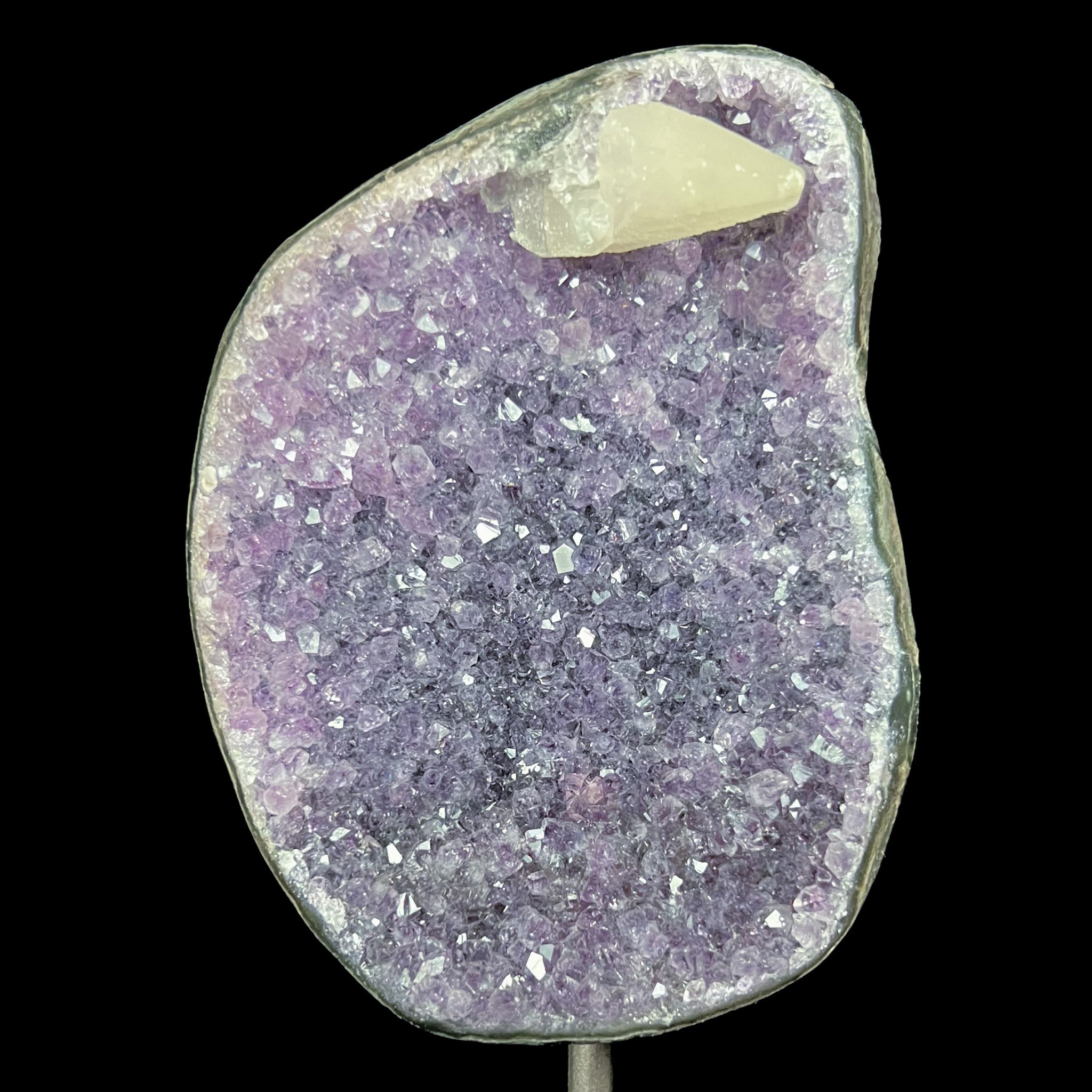 Amethyst Geode with Calcite crystal point on metal display stand