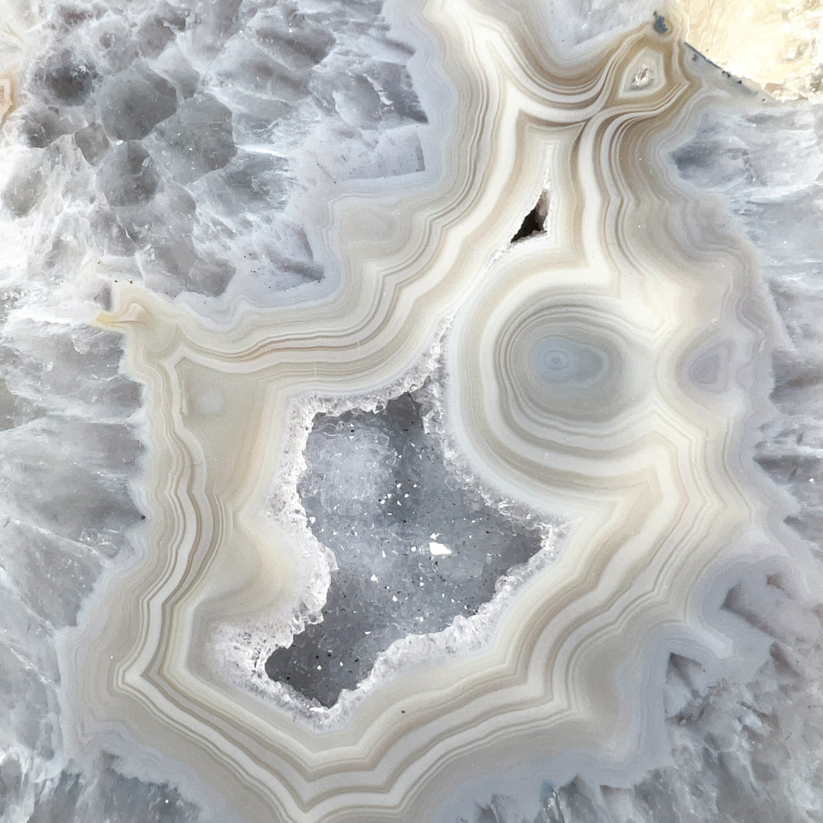 Close up of Drusy Quartz Geode with Agate Banding