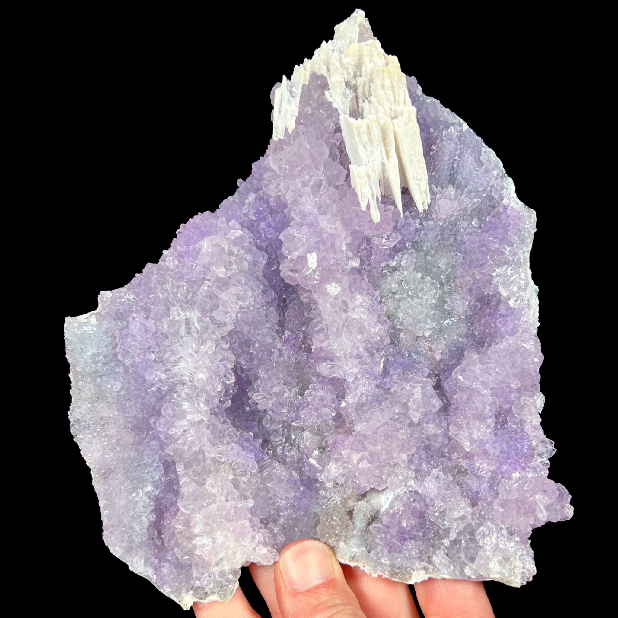 Purple Amethyst Crystals on large rock plate with white anhydrite crystals