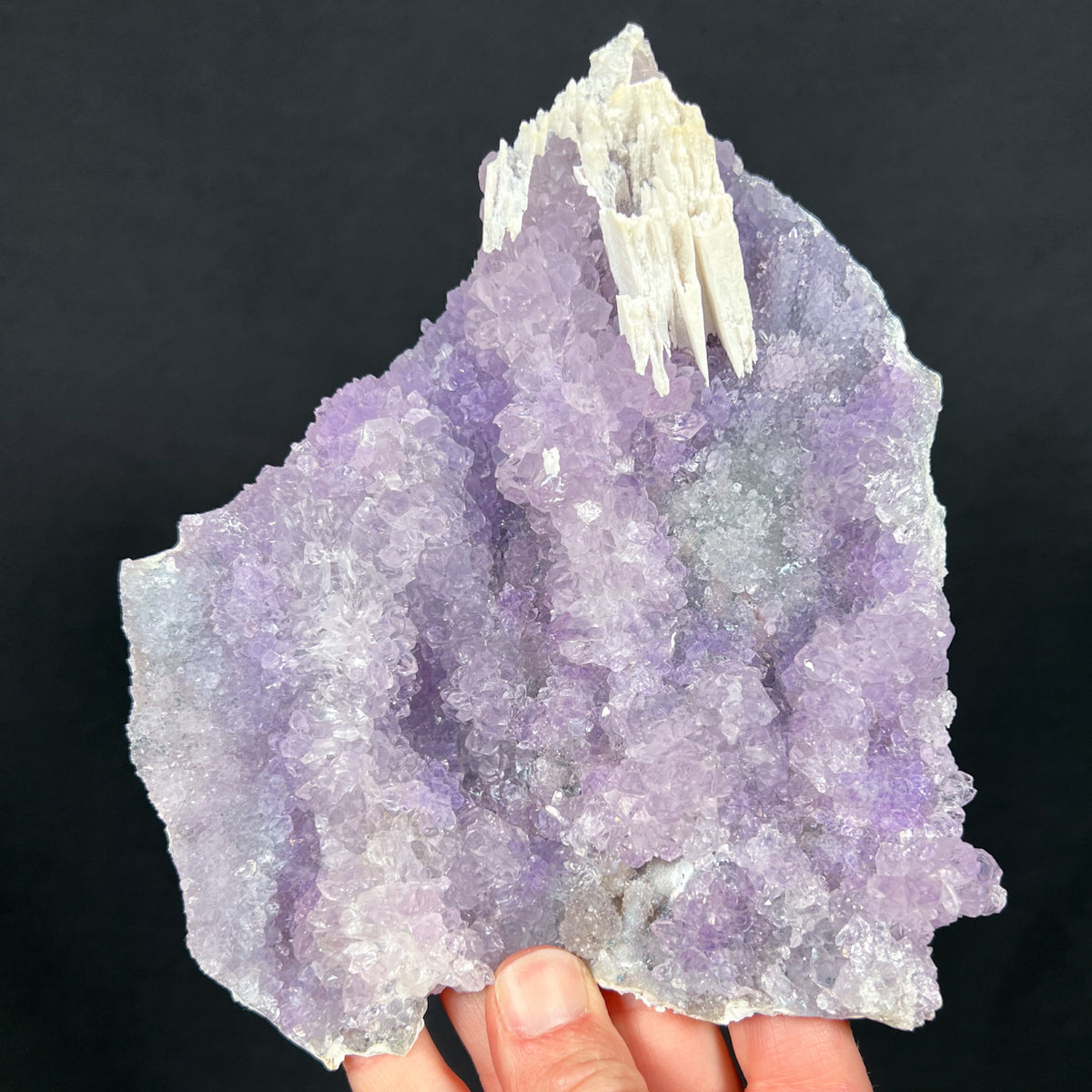 Purple Amethyst Crystals on large rock plate with white anhydrite crystals
