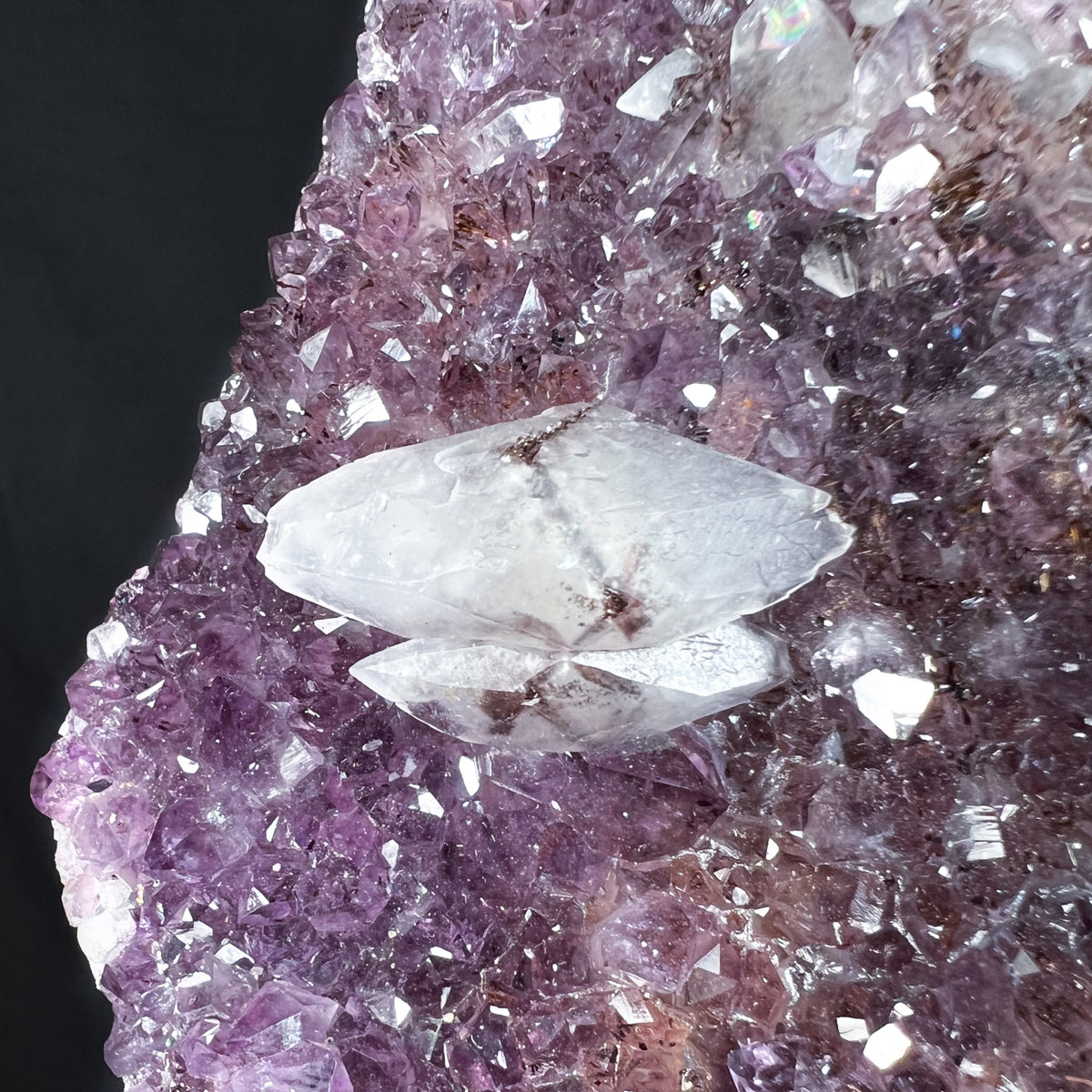 Amethyst with White Calcite Crystals with Hematite Inclusions