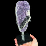 Amethyst Geode with Hematite and Calcite Crystals on a Metal Display Stand
