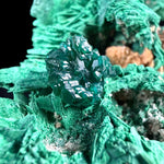 Close up of Dioptase crystals on Malachite