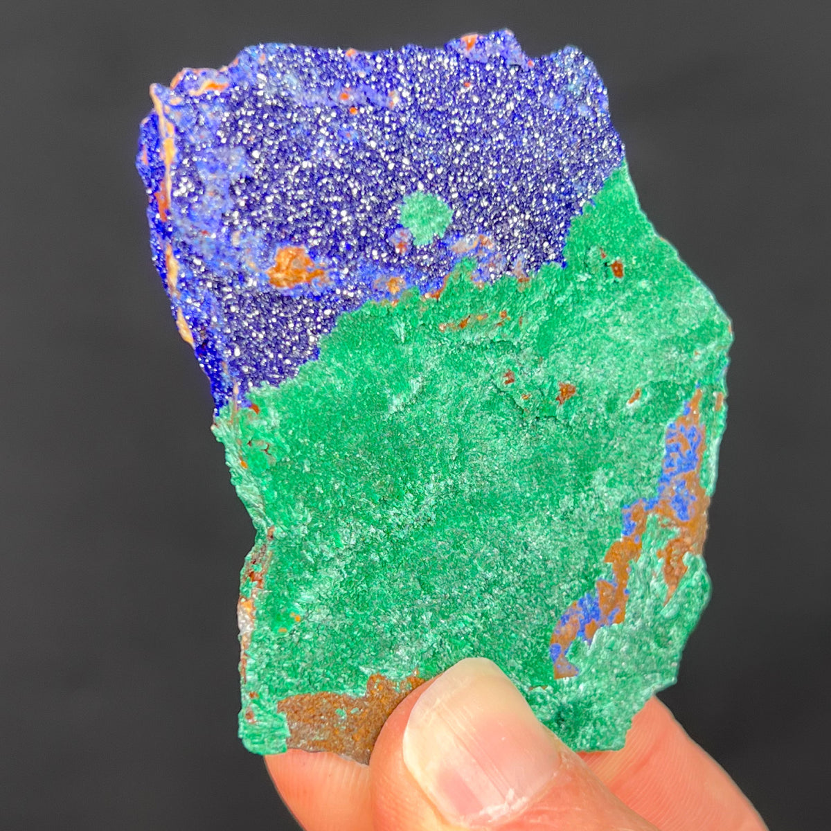 Fibrous Green Malachite with Indigo Azurite Crystals