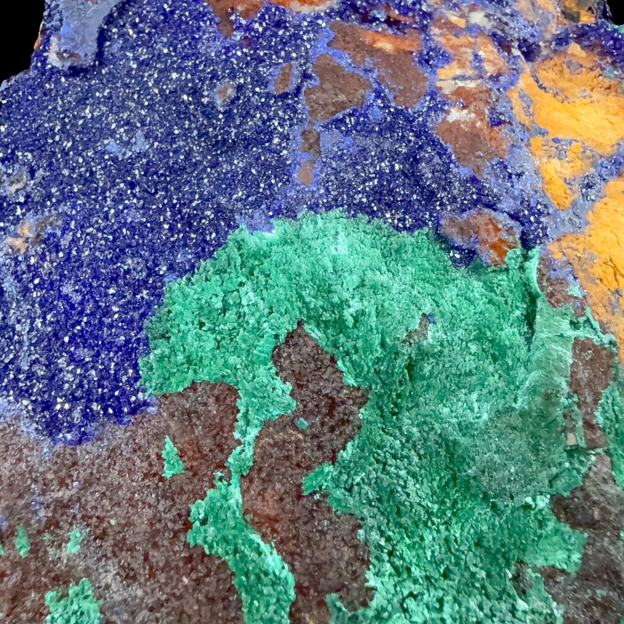 Close up of fibrous green Malachite and Blue Azurite crystals