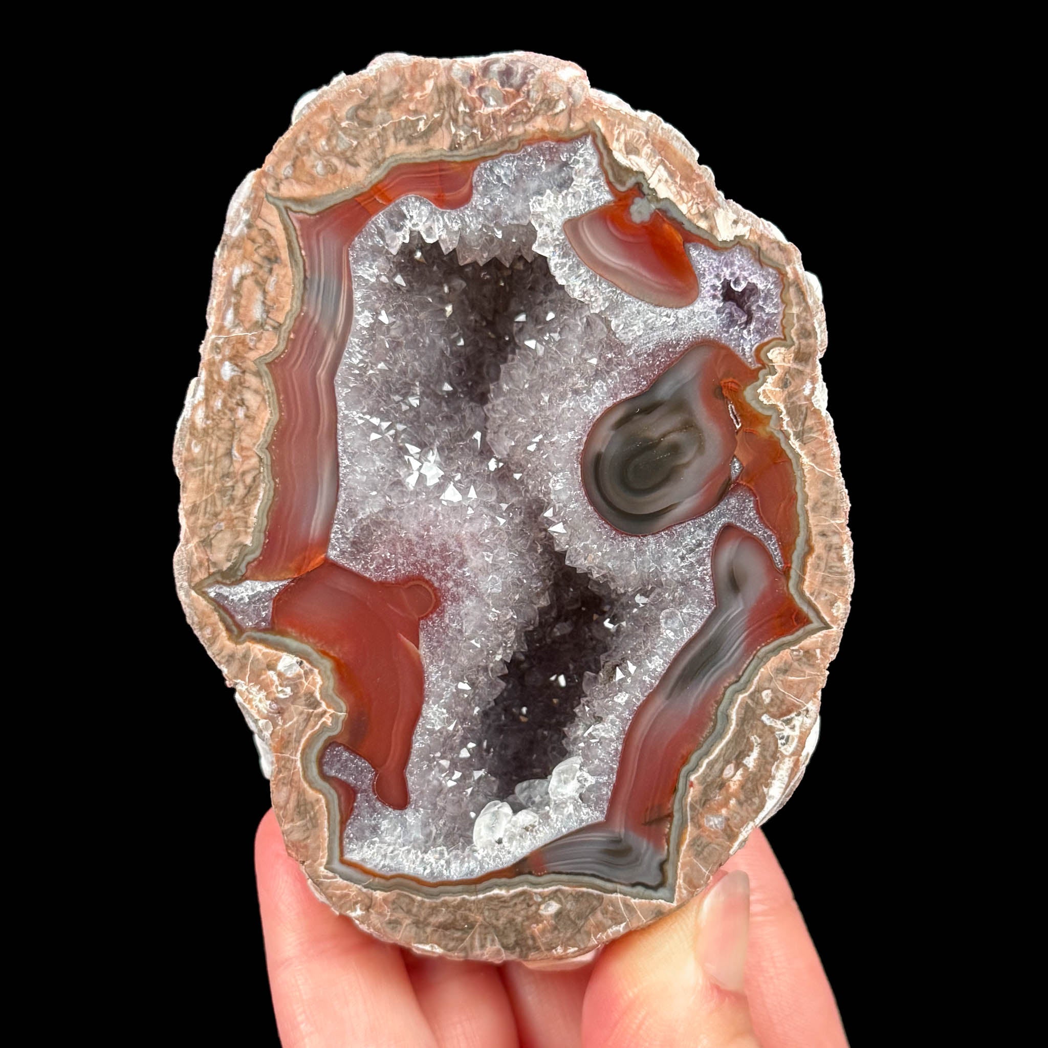 Red Banded Agate, Amethyst, Quartz, and Calcite inside a Baker Egg from New Mexico