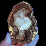 Baker Egg Thunderegg Geode under UV light with fluorescing Calcite crystal inside