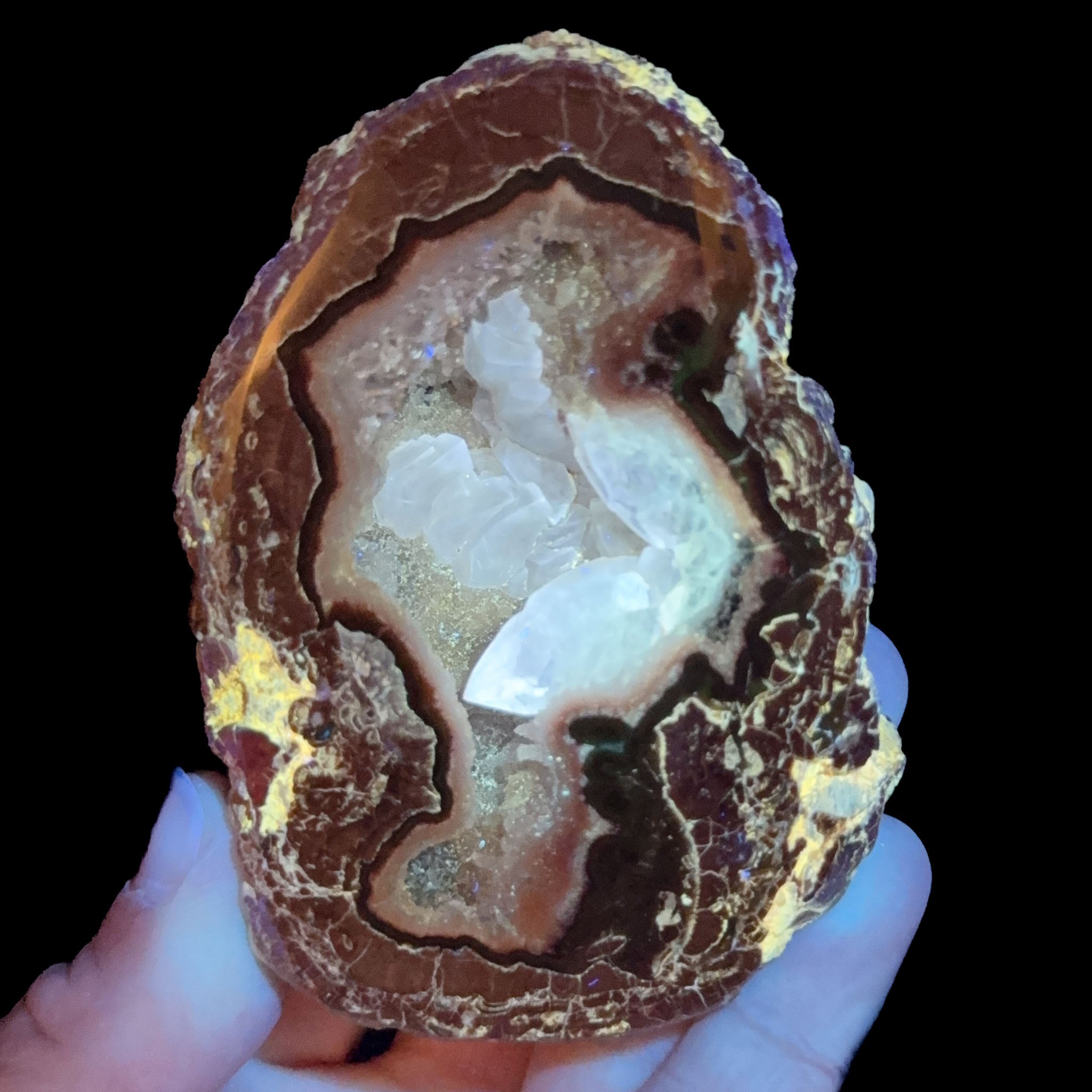 Baker Egg Thunderegg Geode under UV light with fluorescing Calcite crystal inside