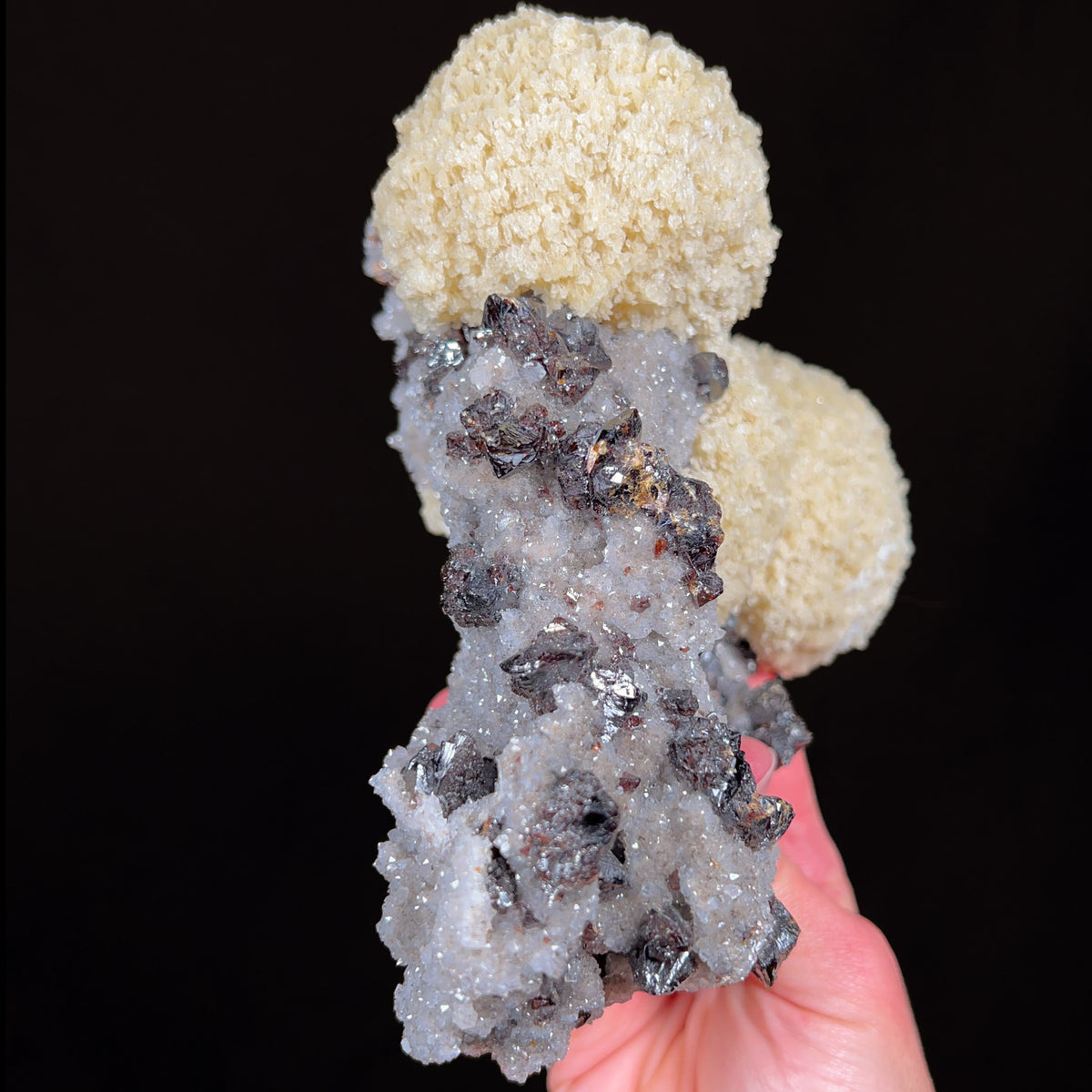 Side View of White Barite Balls from Tennessee on Sphalerite Crystals