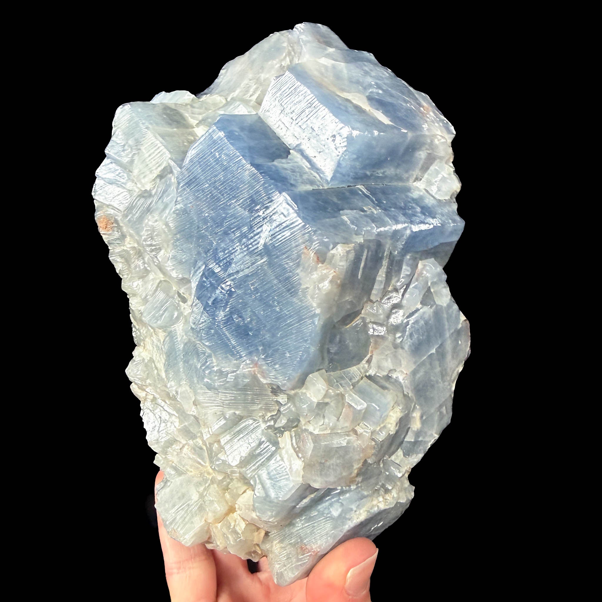 Large blue calcite crystal specimen from Mexico