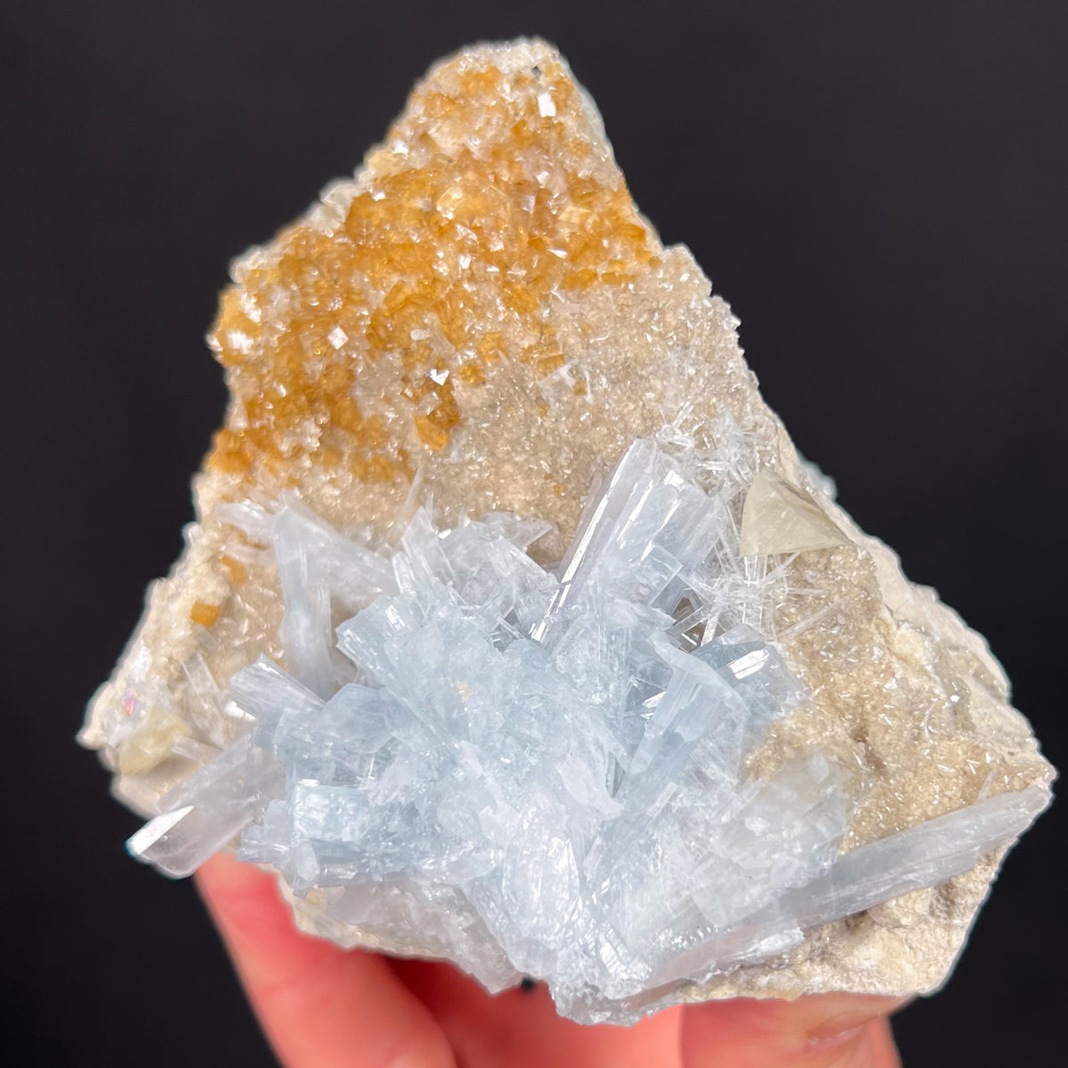 Fluorite Cubes with Celestite Crystals and Calcite from Clay Center, Ohio