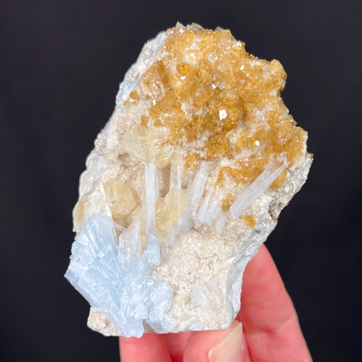 Root beer Colored Fluorite Cubes with Blue Celestite Crystals and Calcite