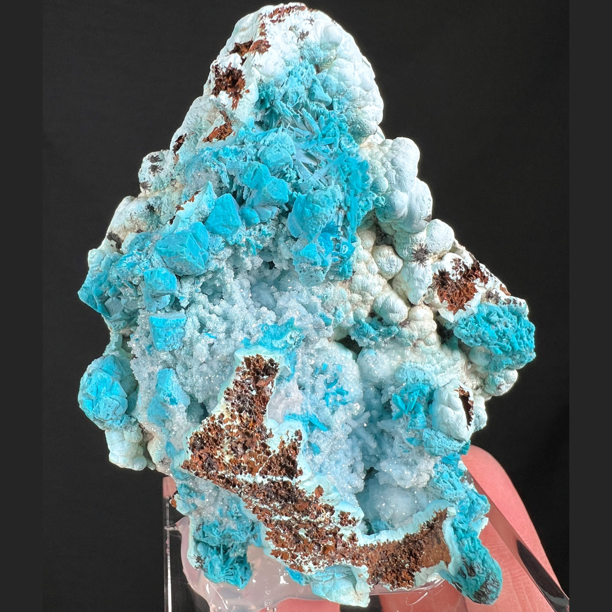 Dolomite crystals coated with Chrysocolla and Drusy Quartz Crystals