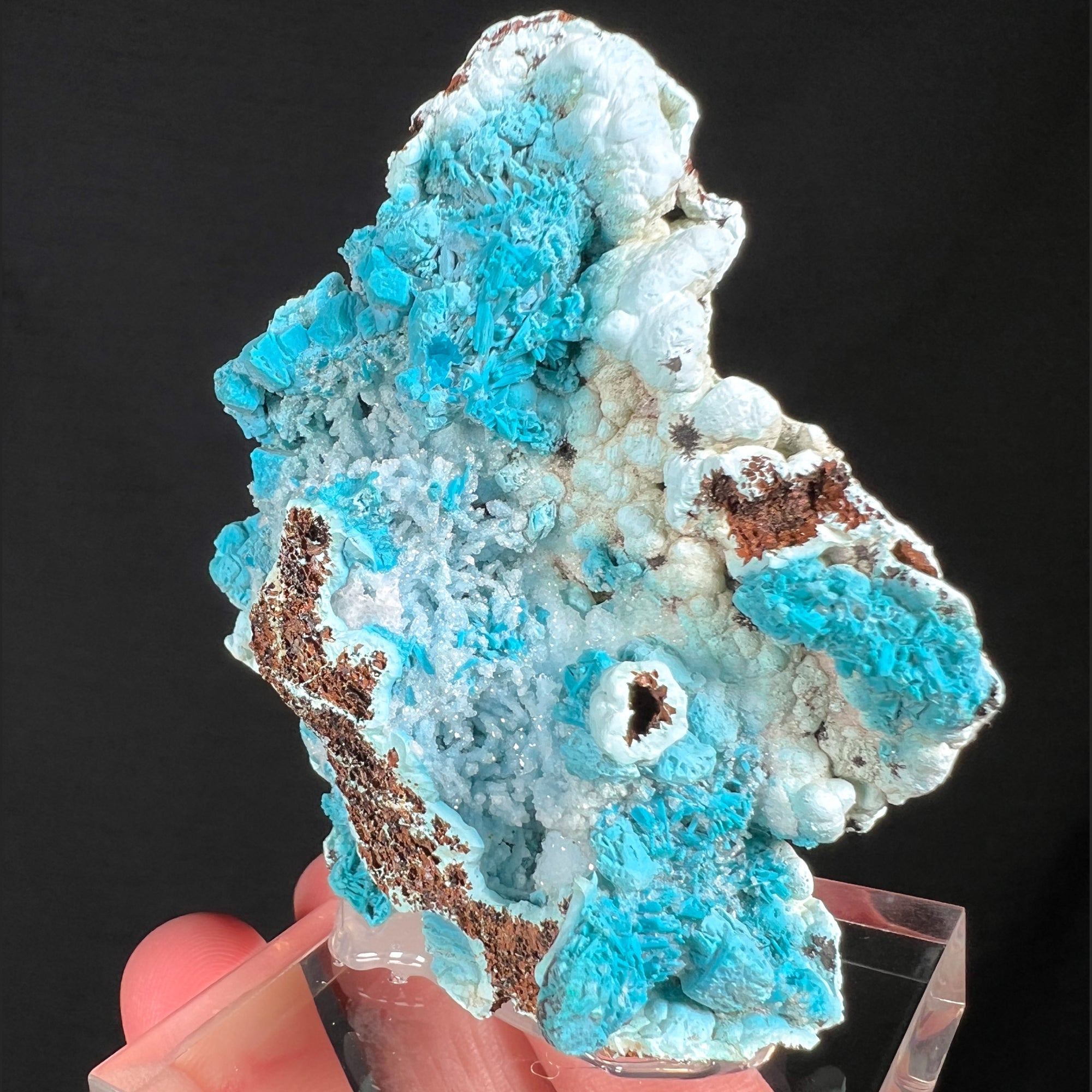 Chrysocolla on Dolomite Crystals with Drusy Quartz