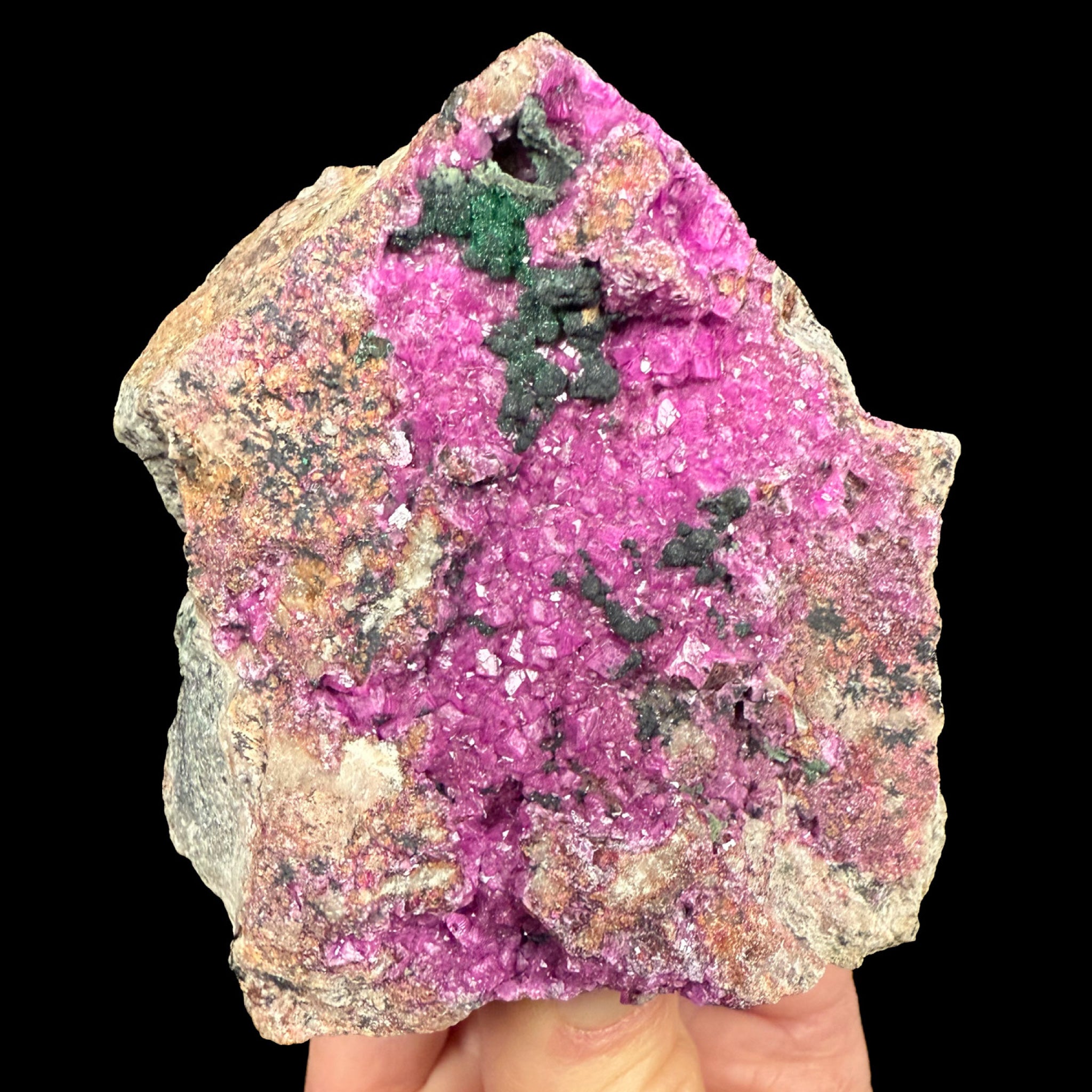 Pink Cobalt-bearing Calcite mineral specimen with green Malachite crystals