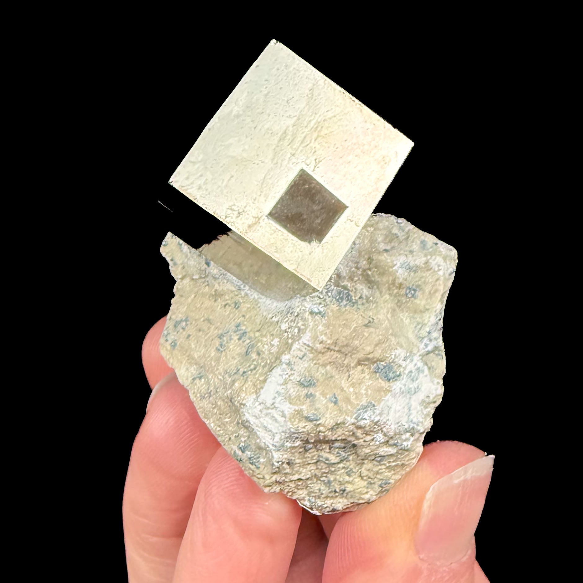 Miniature Pyrite cube on Pyrite 