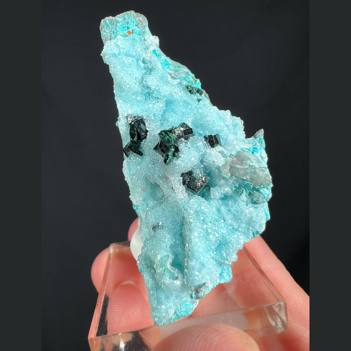 Malachite on top of Drusy Quartz Crystals coating Chrysocolla