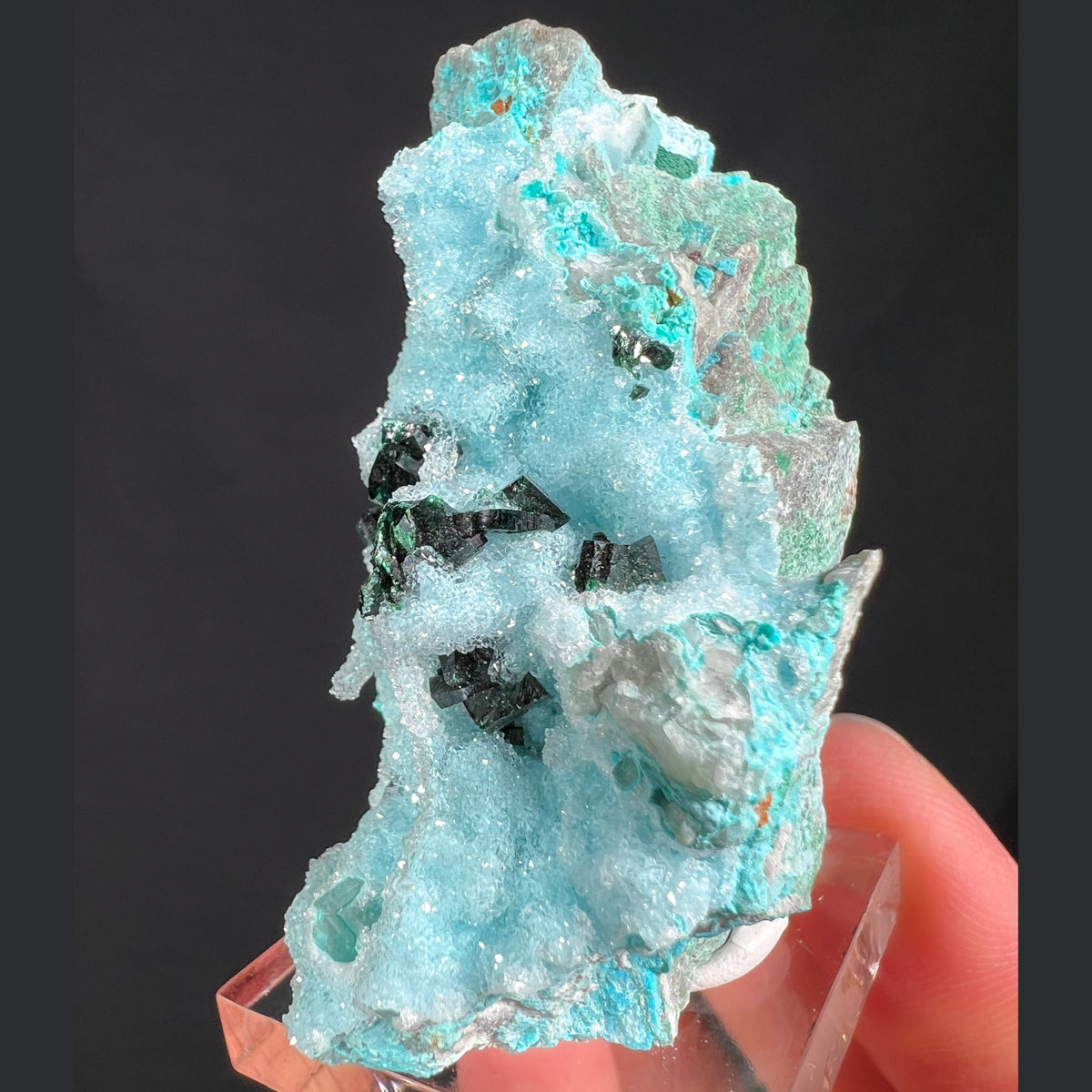 Malachite with Druzy Quartz Crystals on top of Chrysocolla 
