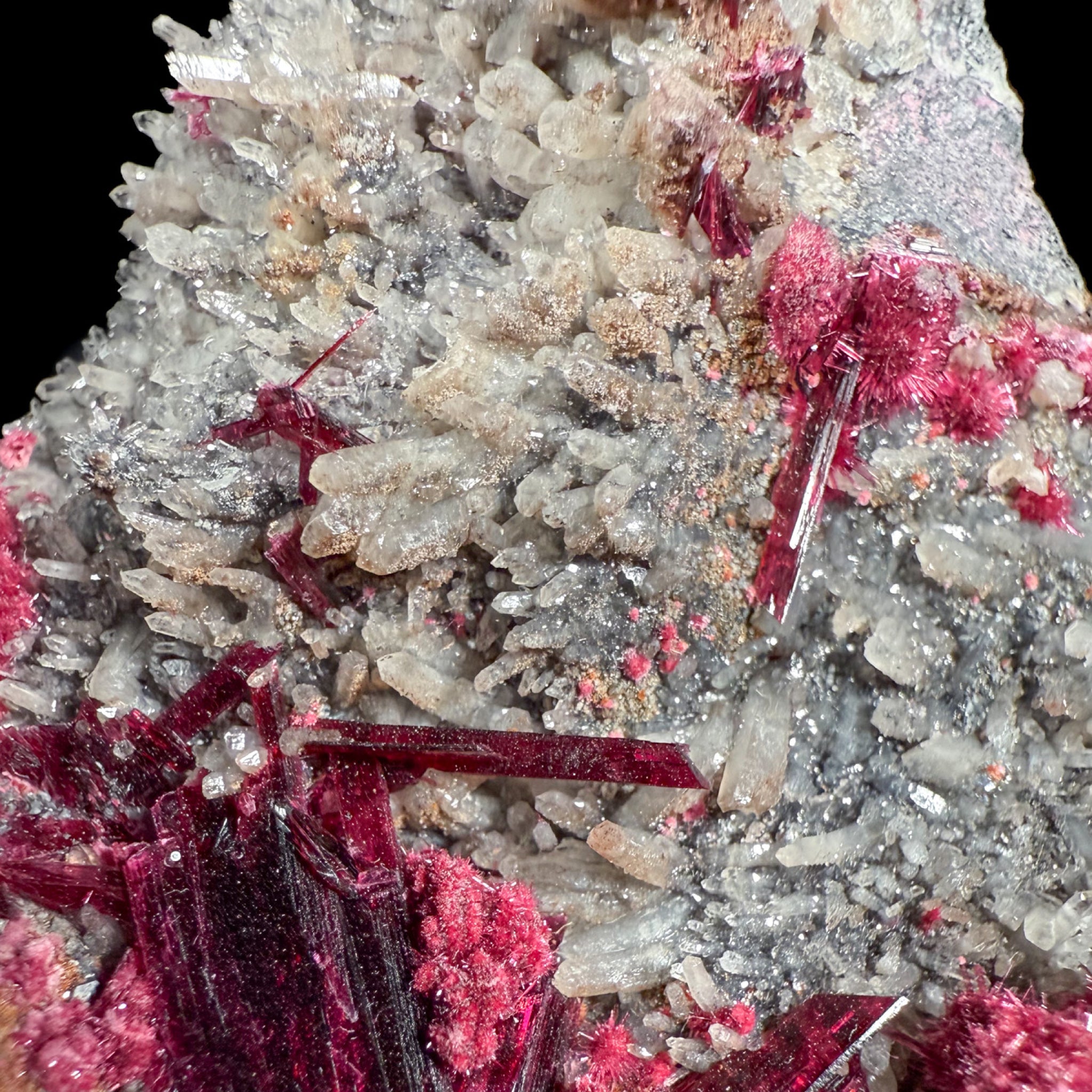 Close up of Erythrite and Quartz Crystals
