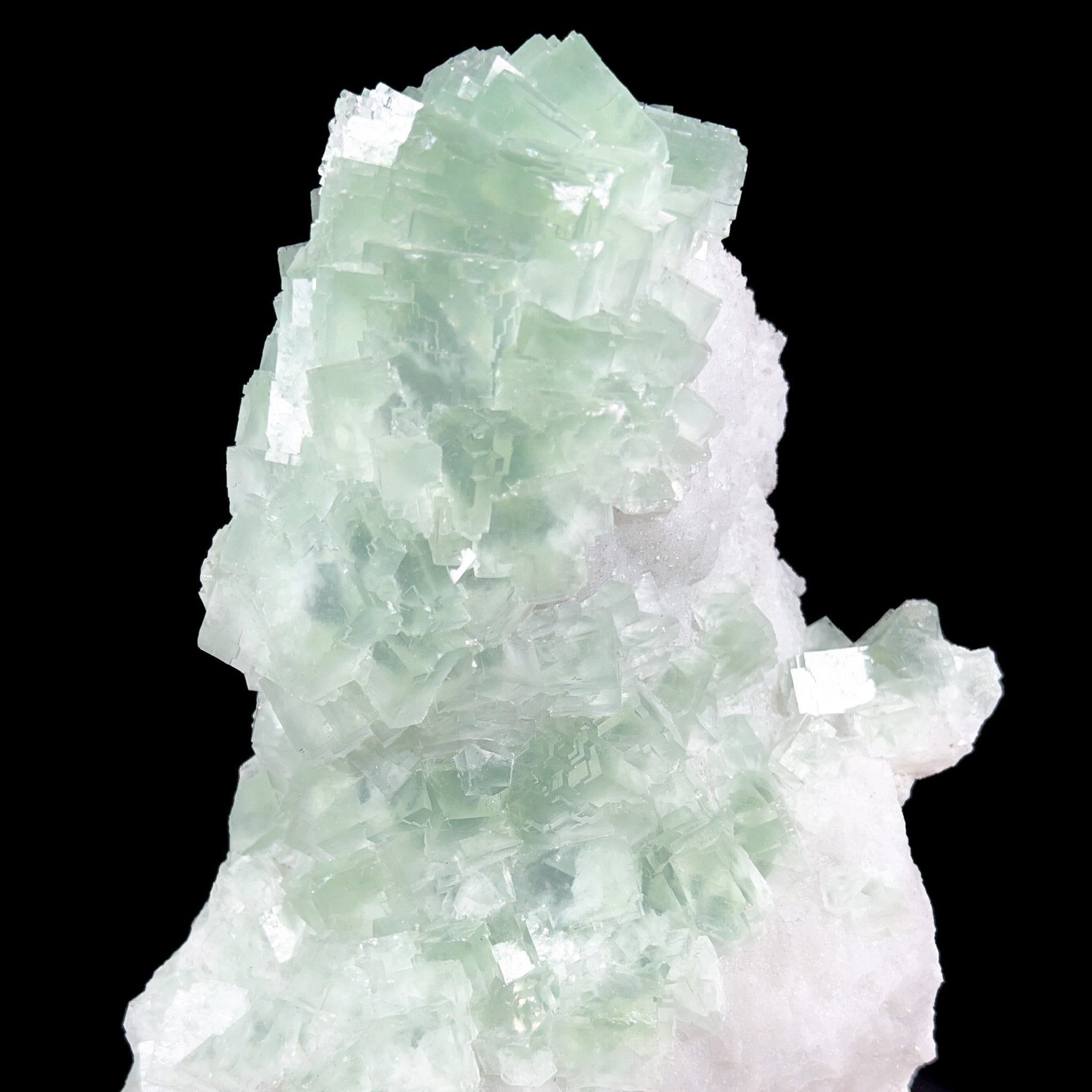 Green Fluorite Cube Mineral Specimen on White Drusy Quartz Crystals