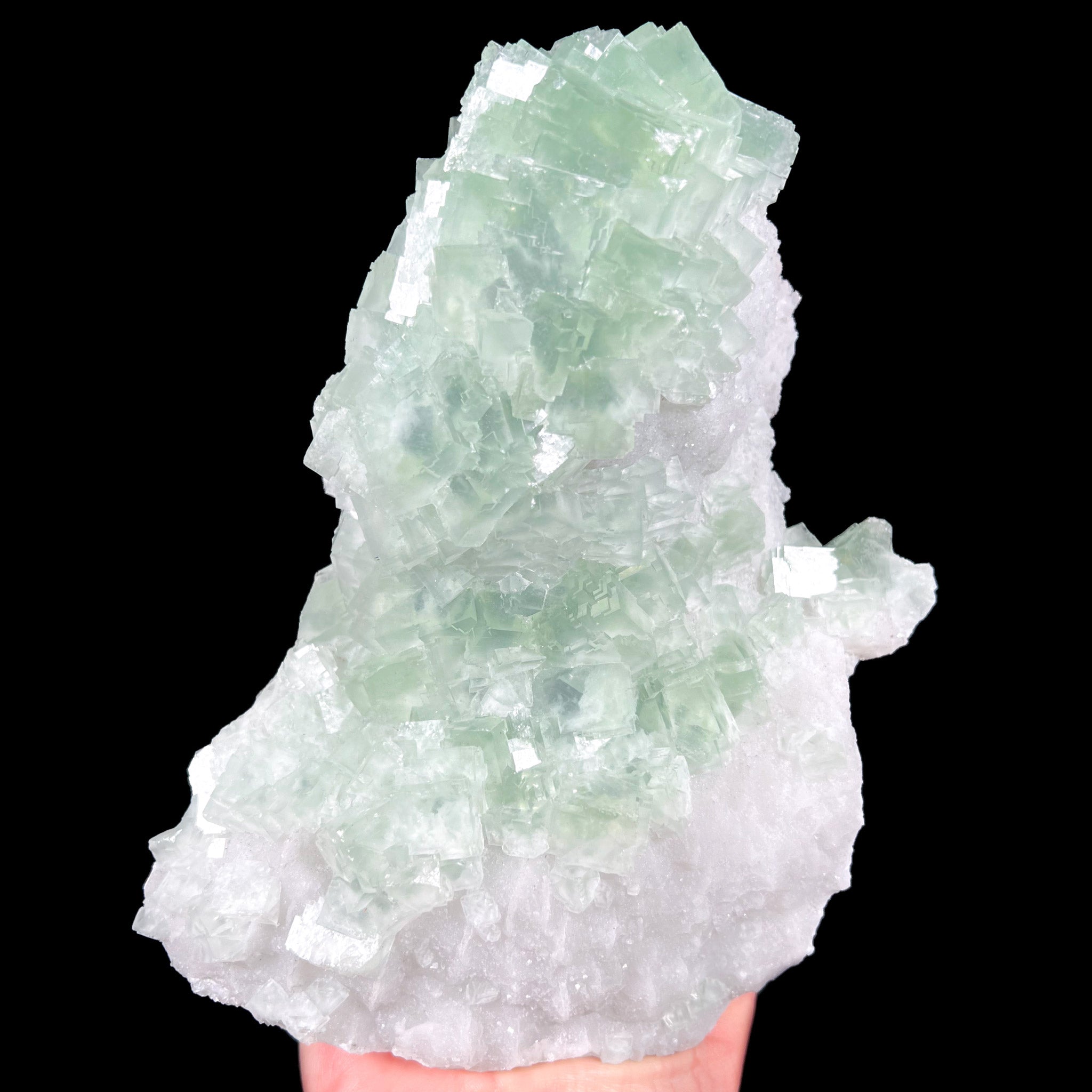 Mineral Specimen of Green Fluorite Crystal Cubes on White Crystals of Quartz from Hunan Province, China