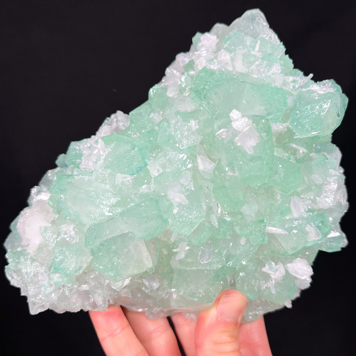 Large Green Apophyllite Crystals with White Stilbite
