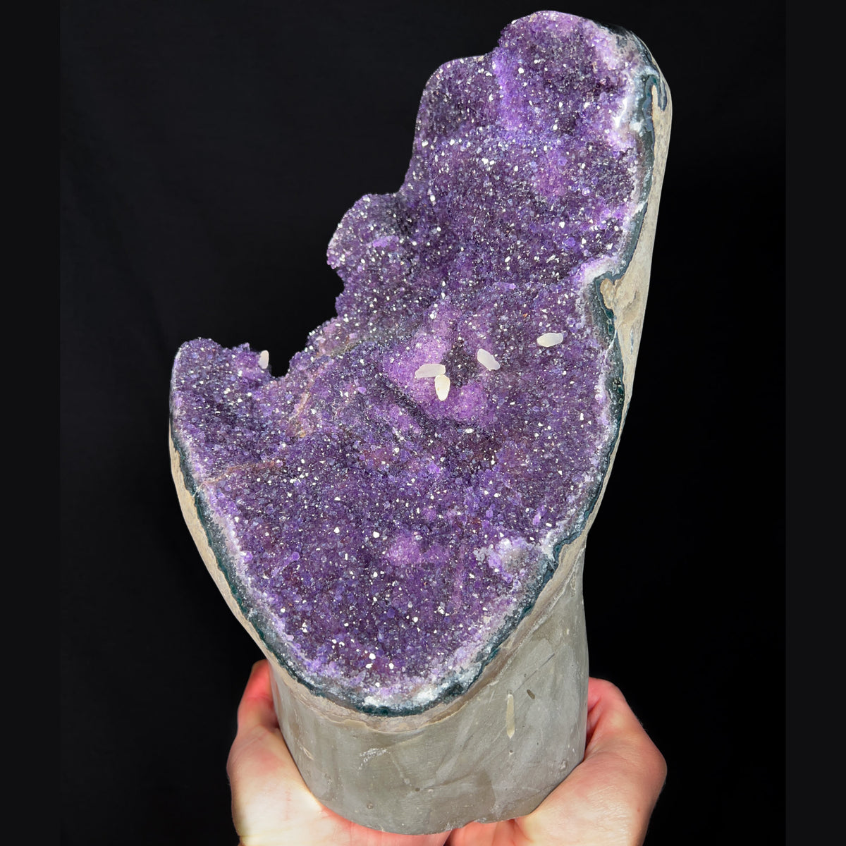 Large Purple Amethyst Crystals with Calcite in a Geode