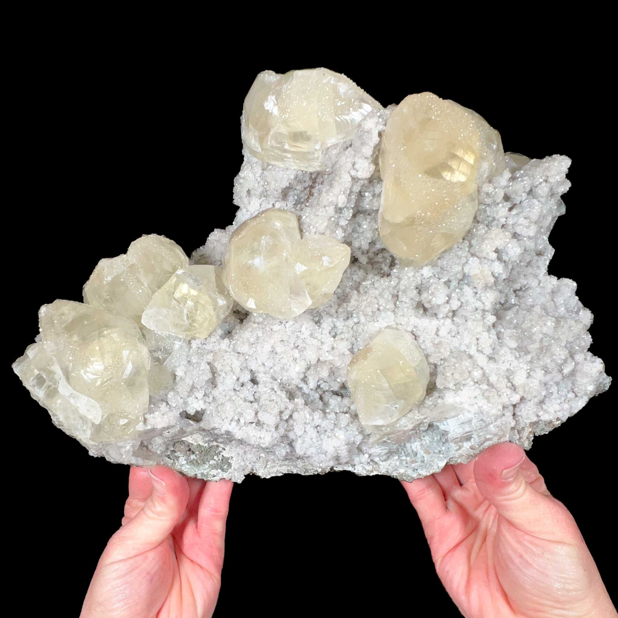 Large Calcite Crystals on Drusy Quartz from Mexico