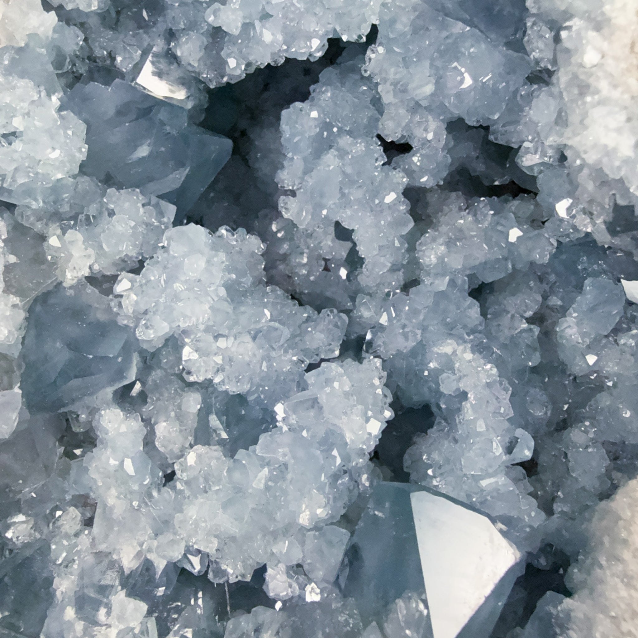 Close up of Blue Celestite crystals inside a geode