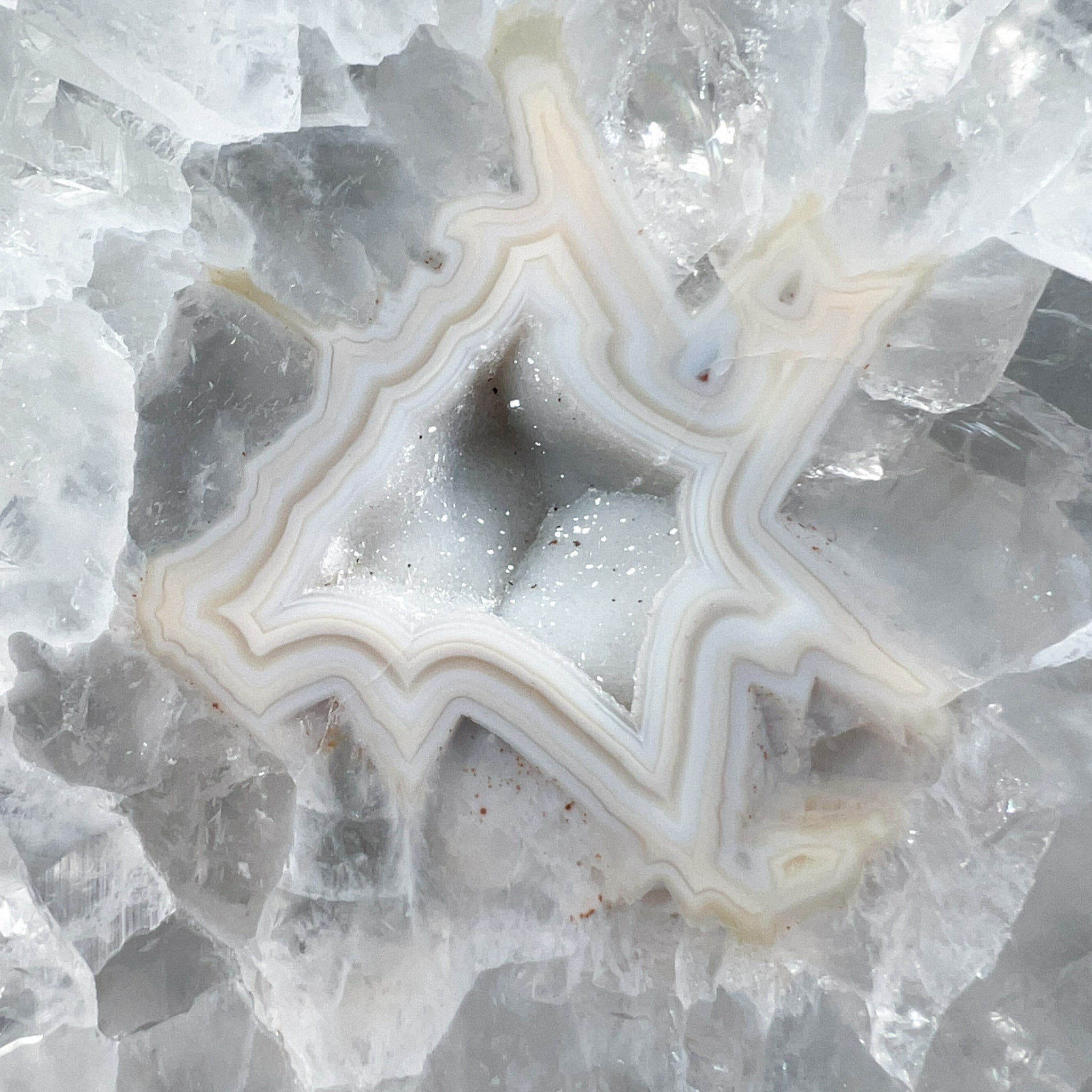 Close Up of Drusy Quartz Center and Agate Bands