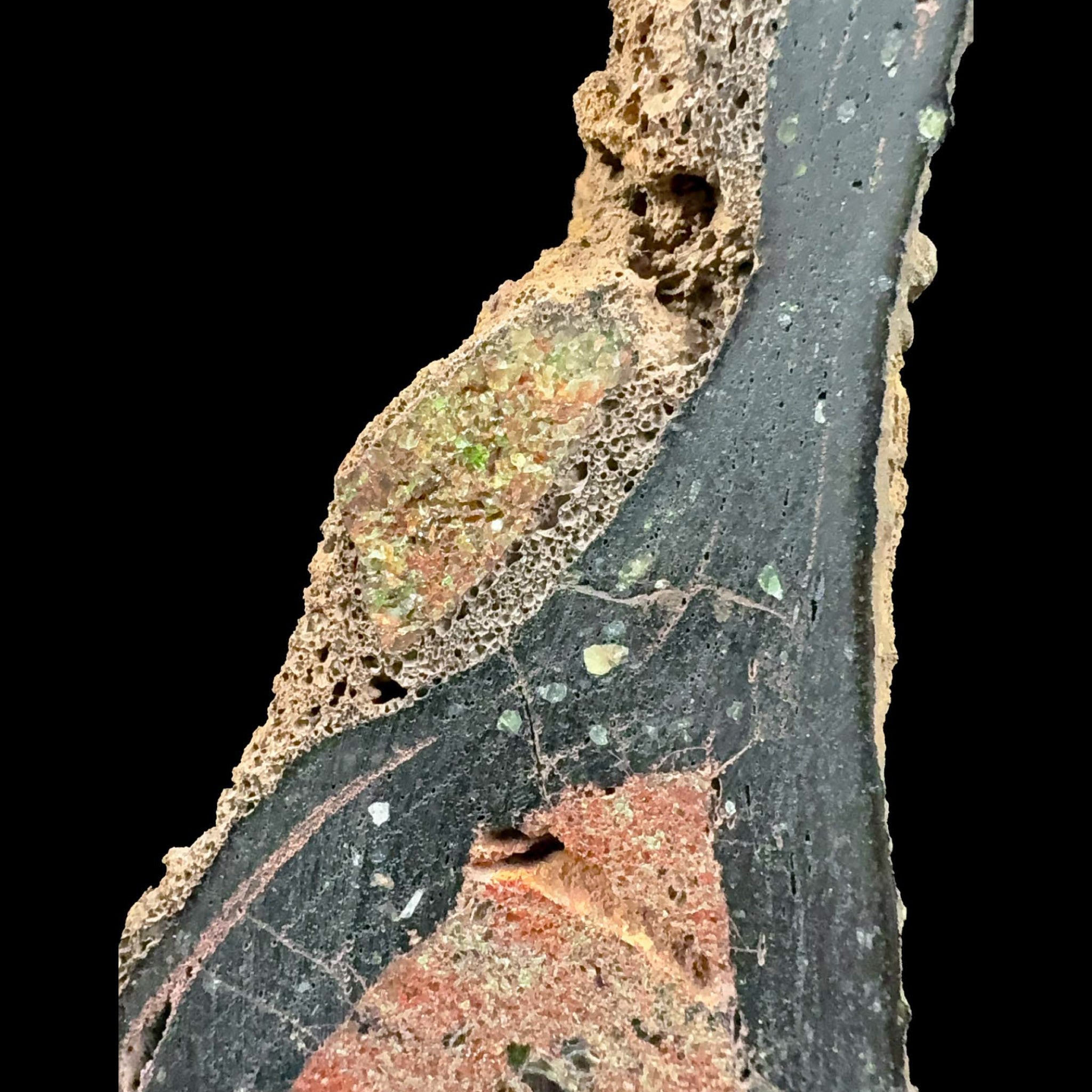 Close up of olivine and garnet crystals inside a volcanic bomb
