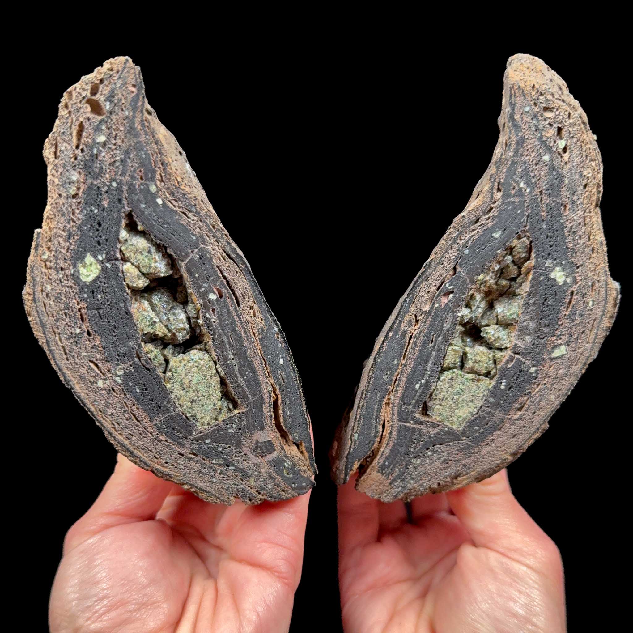Interior of volcanic bomb pair with Olivine (Peridot) crystals inside from Spain