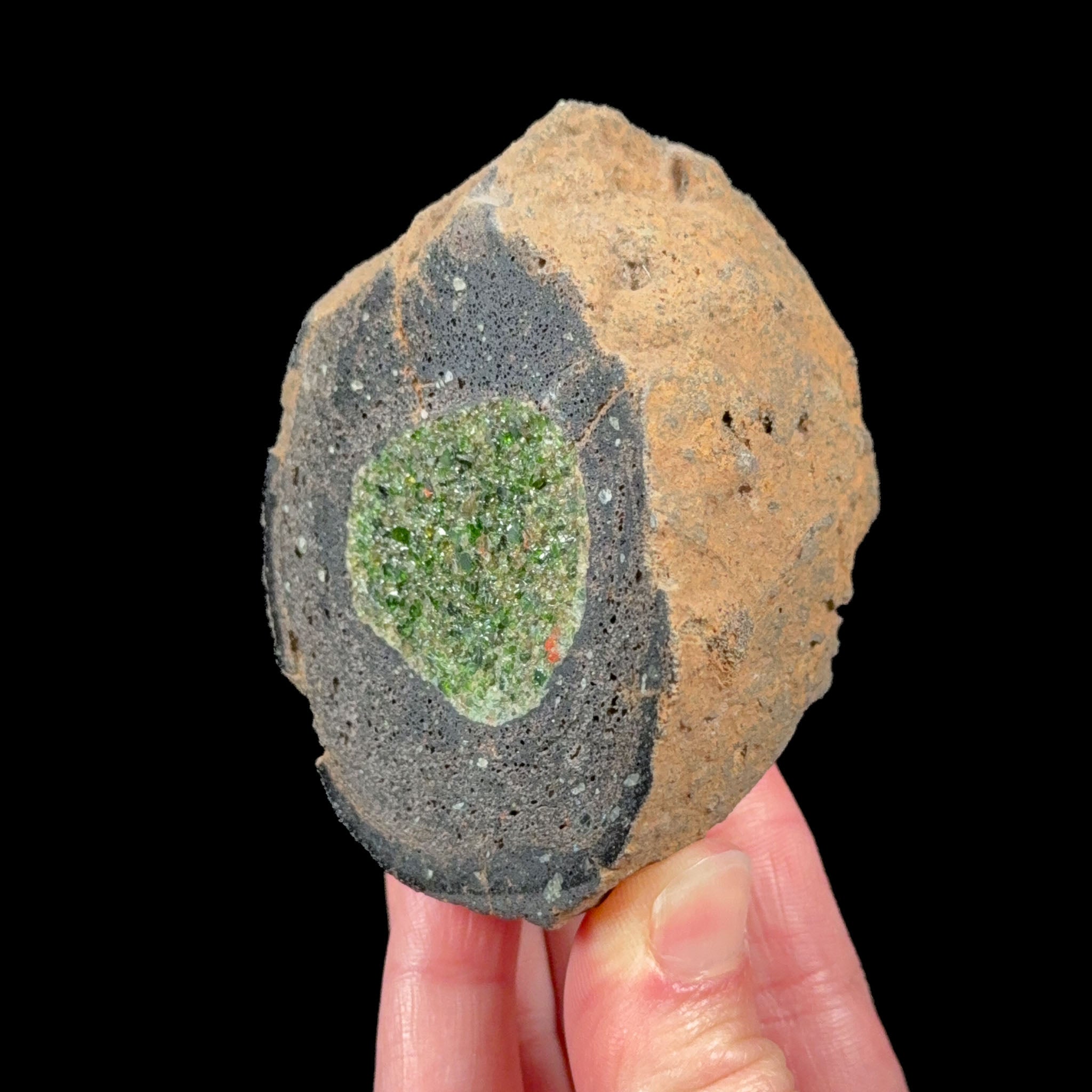 Volcanic bomb with olivine crystals inside