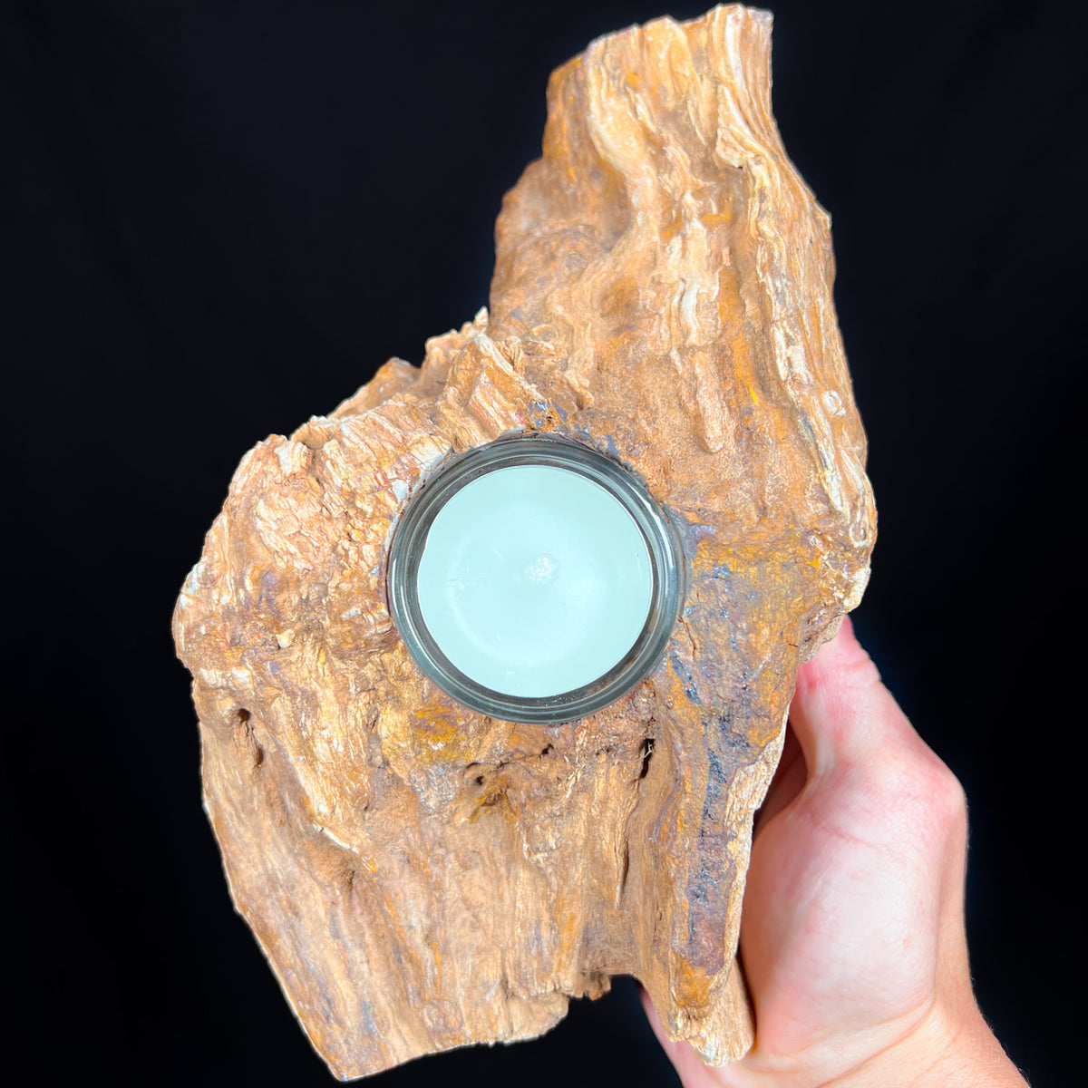 Petrified wood with candle
