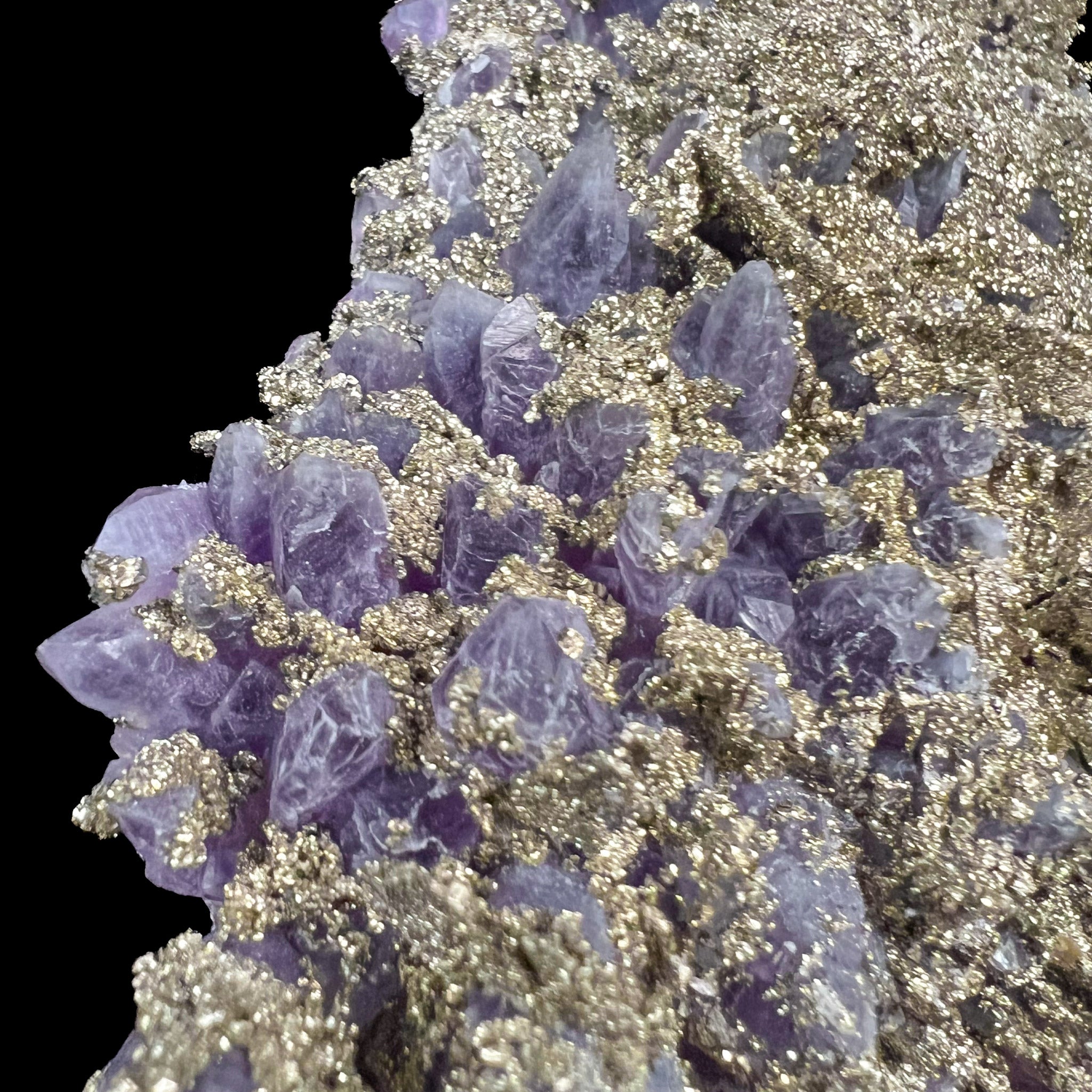 Close Up of Pyrite crystal mineralization on top of Amethyst crystals