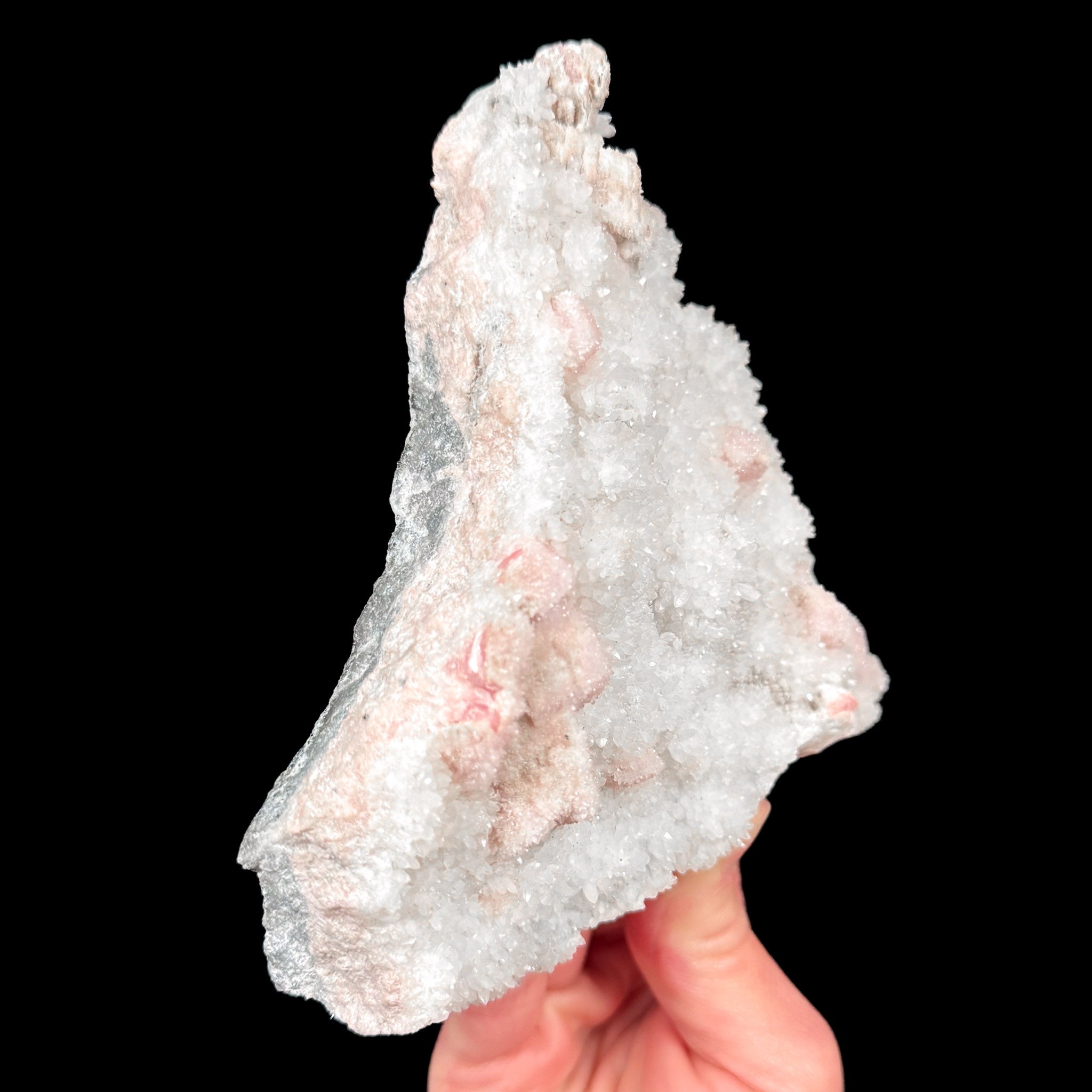 Side view of Sunnyside Mine quartz and rhodochrosite crystal plate from Colorado