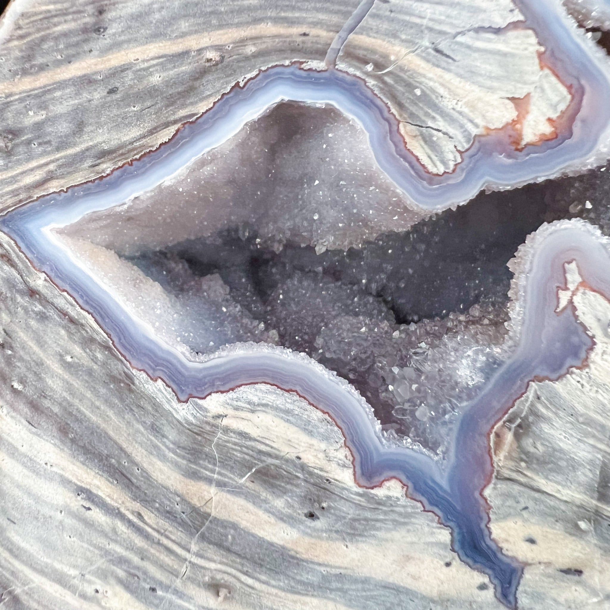 Drusy Quartz and and Chalcedony Crystals Inside a Dugway Geode