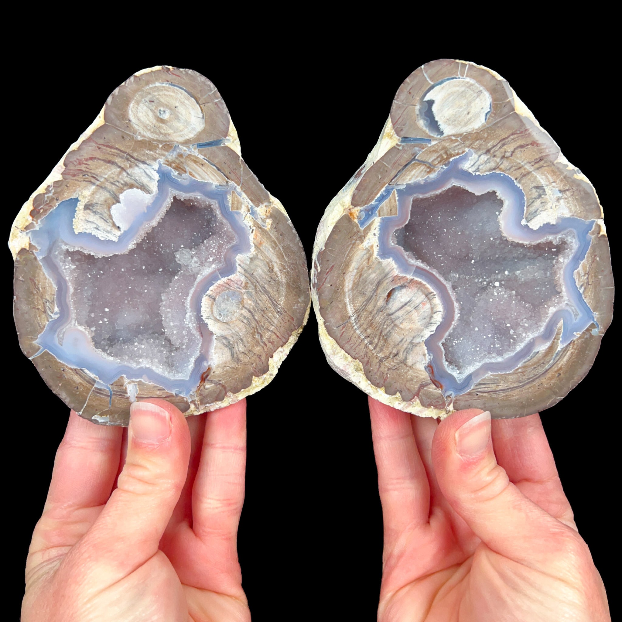 Dugway Geode Pair with Drusy Quartz and Chalcedony Crystals