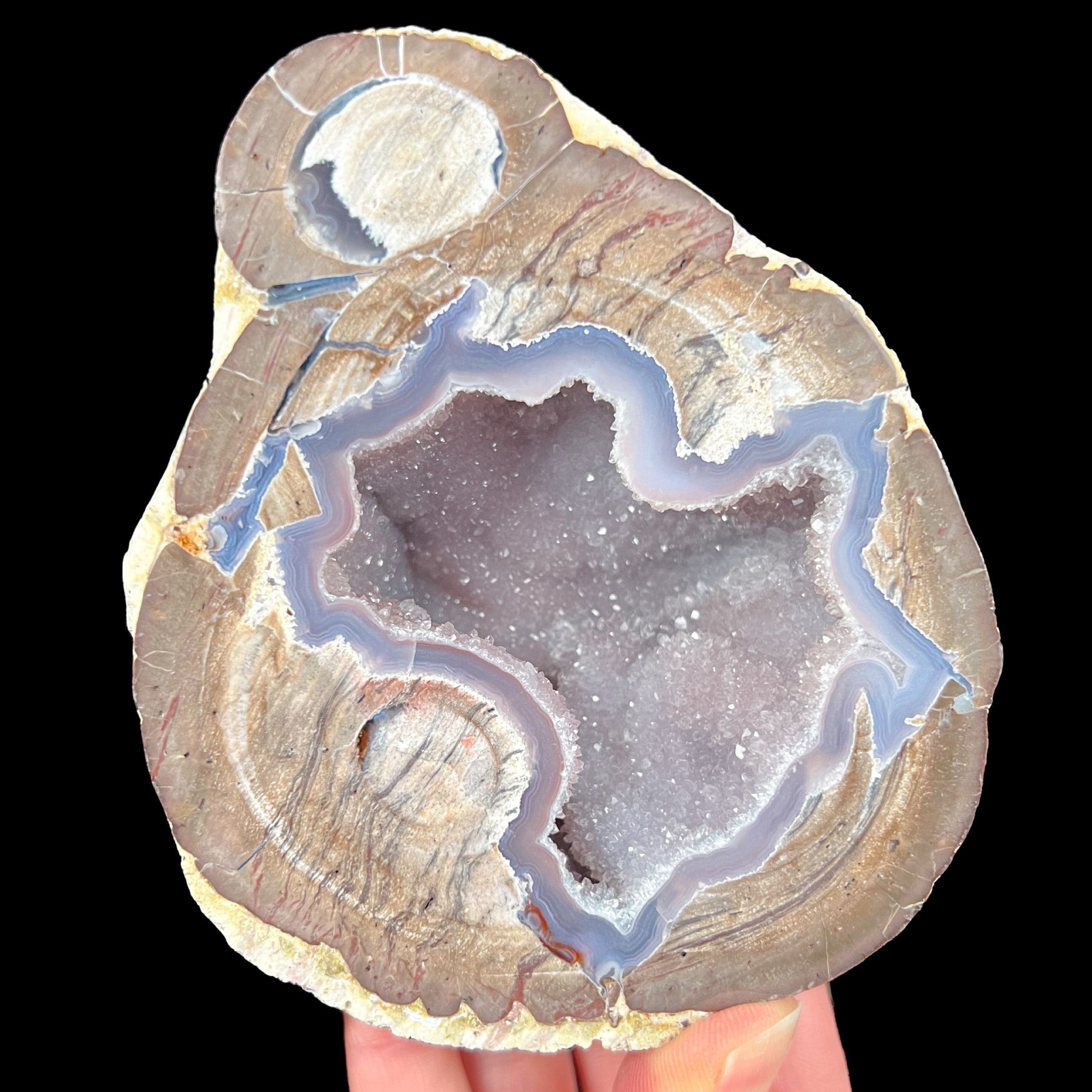 Drusy Quartz with Chalcedony Crystals Inside a Geode