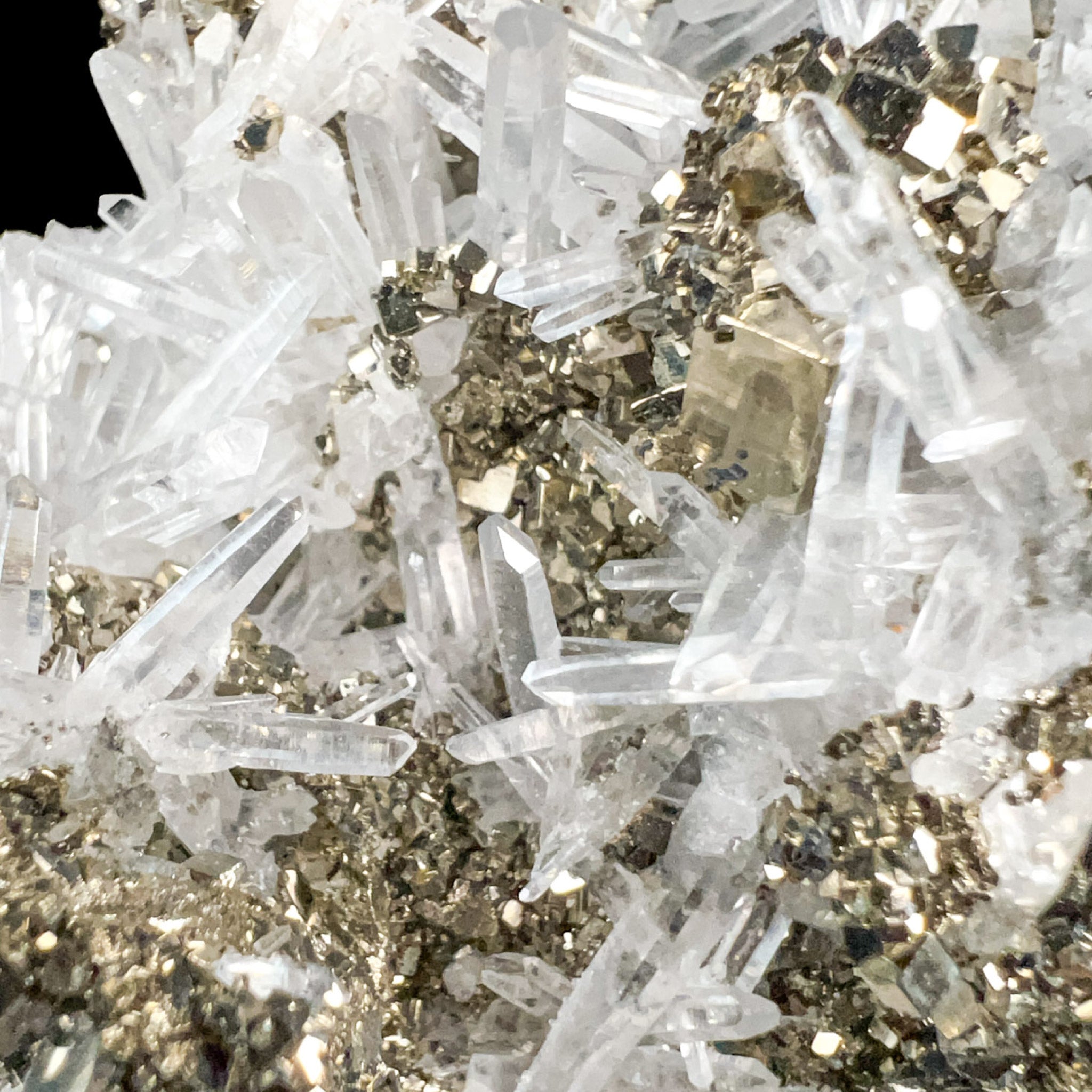 Close up of clear Quartz crystals with Pyrite from Peru