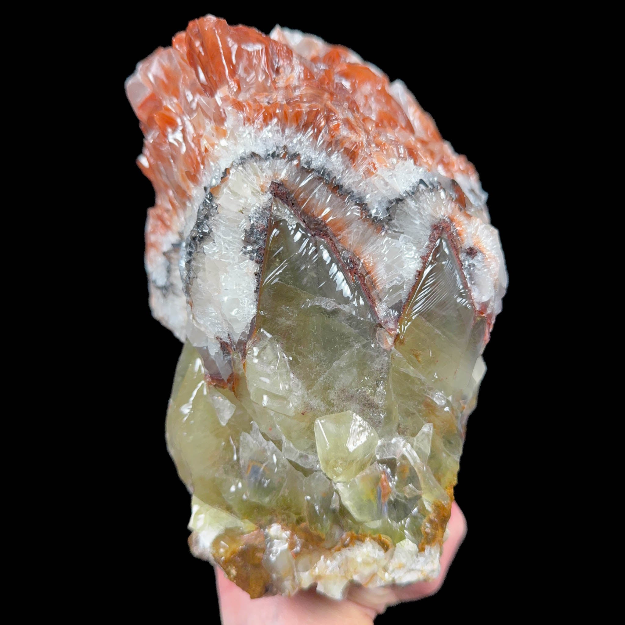 Red, white and green Calcite and Aragonite stone specimen from Mexico