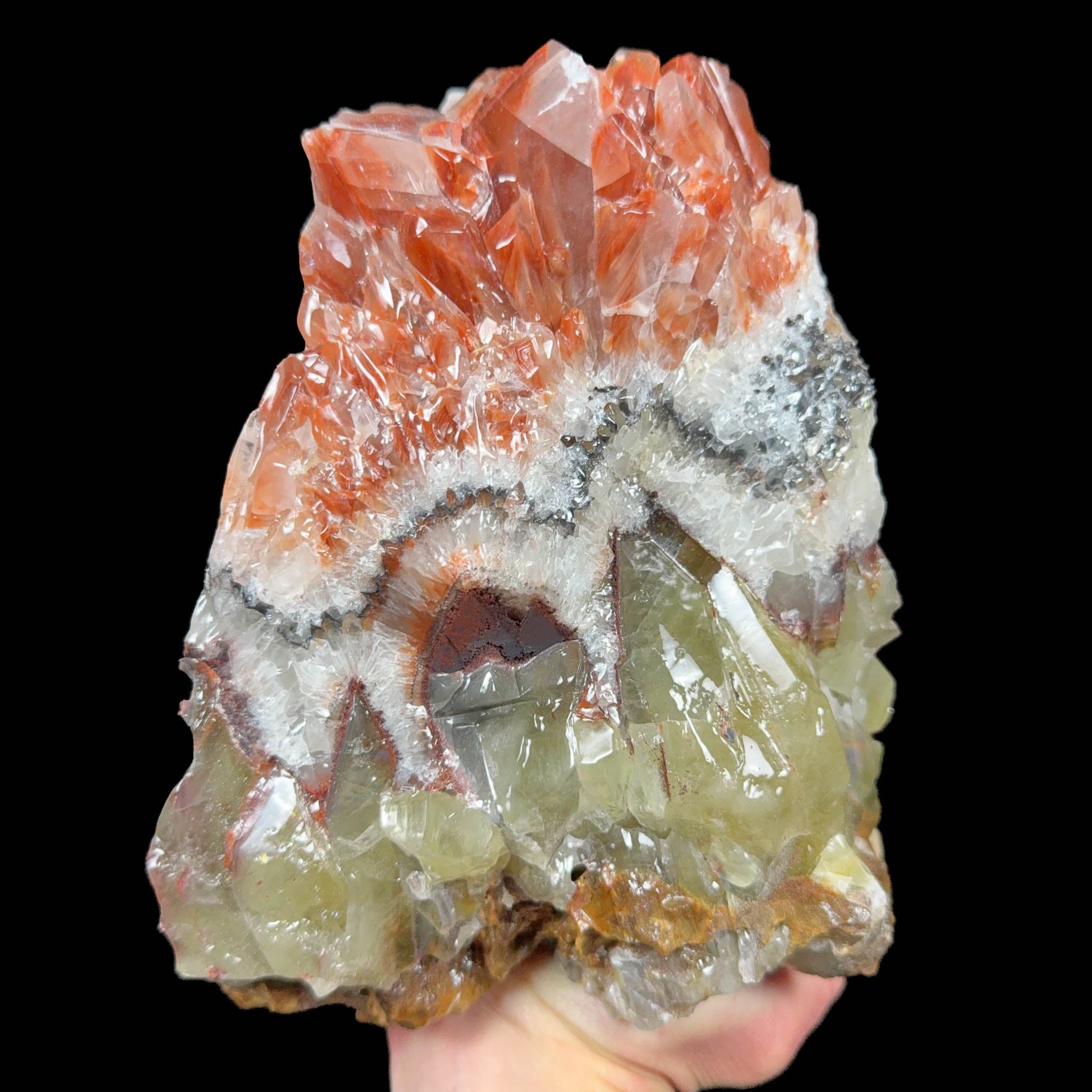 Red, white and green Calcite with Aragonite specimen from Mexico