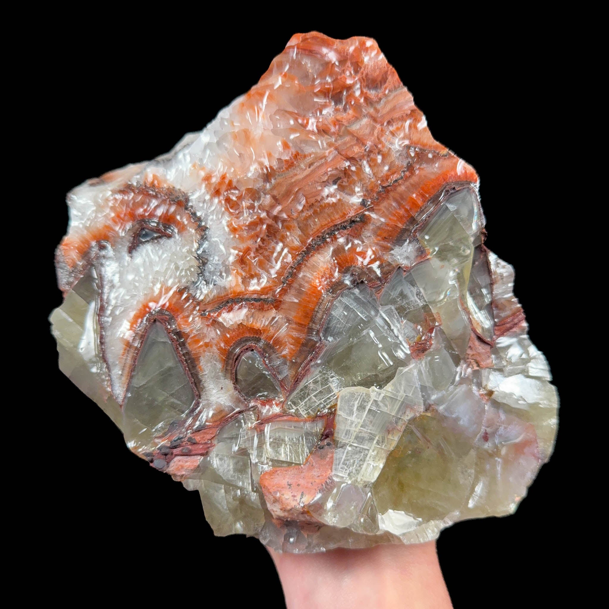 Large raw Calcite specimen from Mexico with red and green color banding