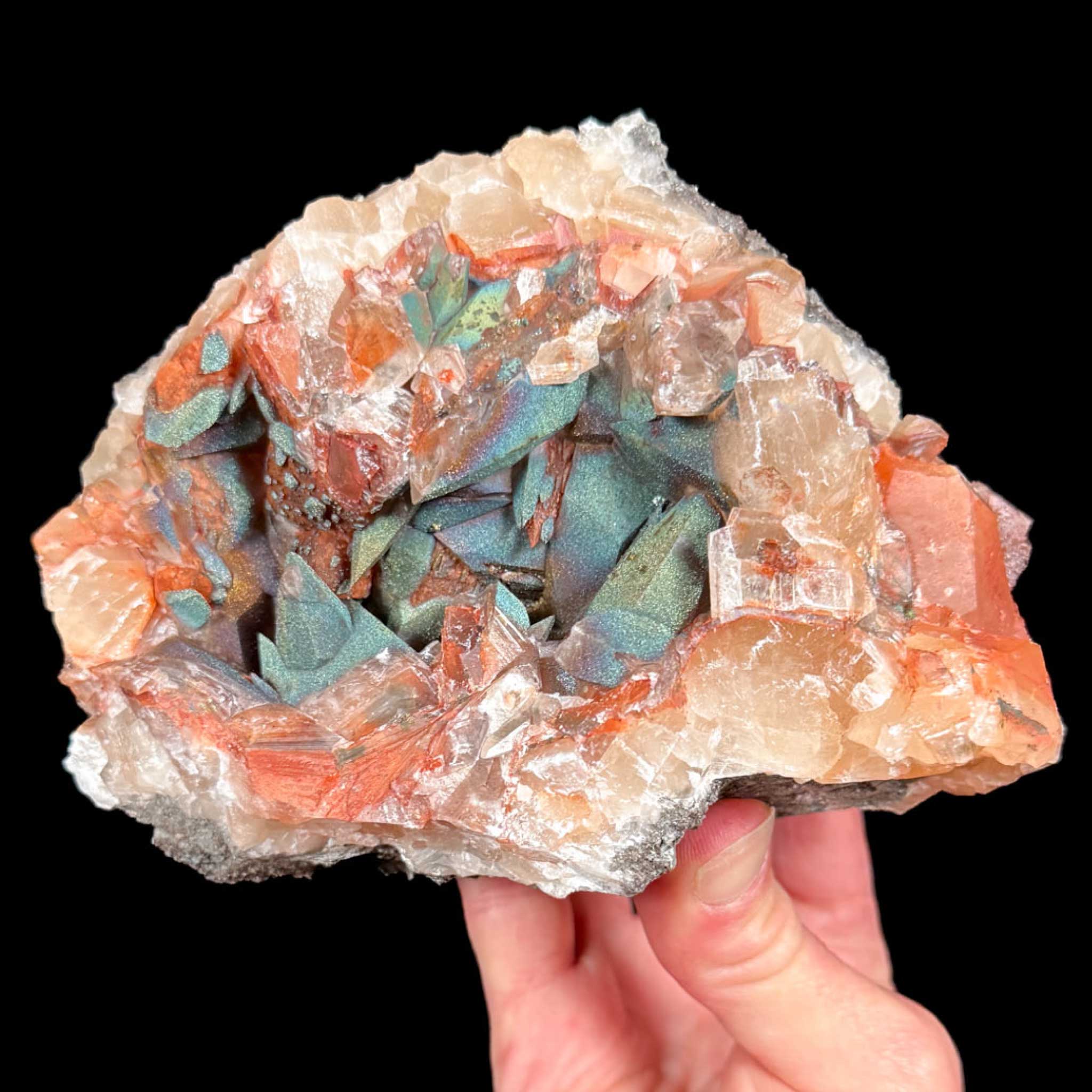 Iridescent Chalcopyrite on Red and Gold Calcite from Moldova