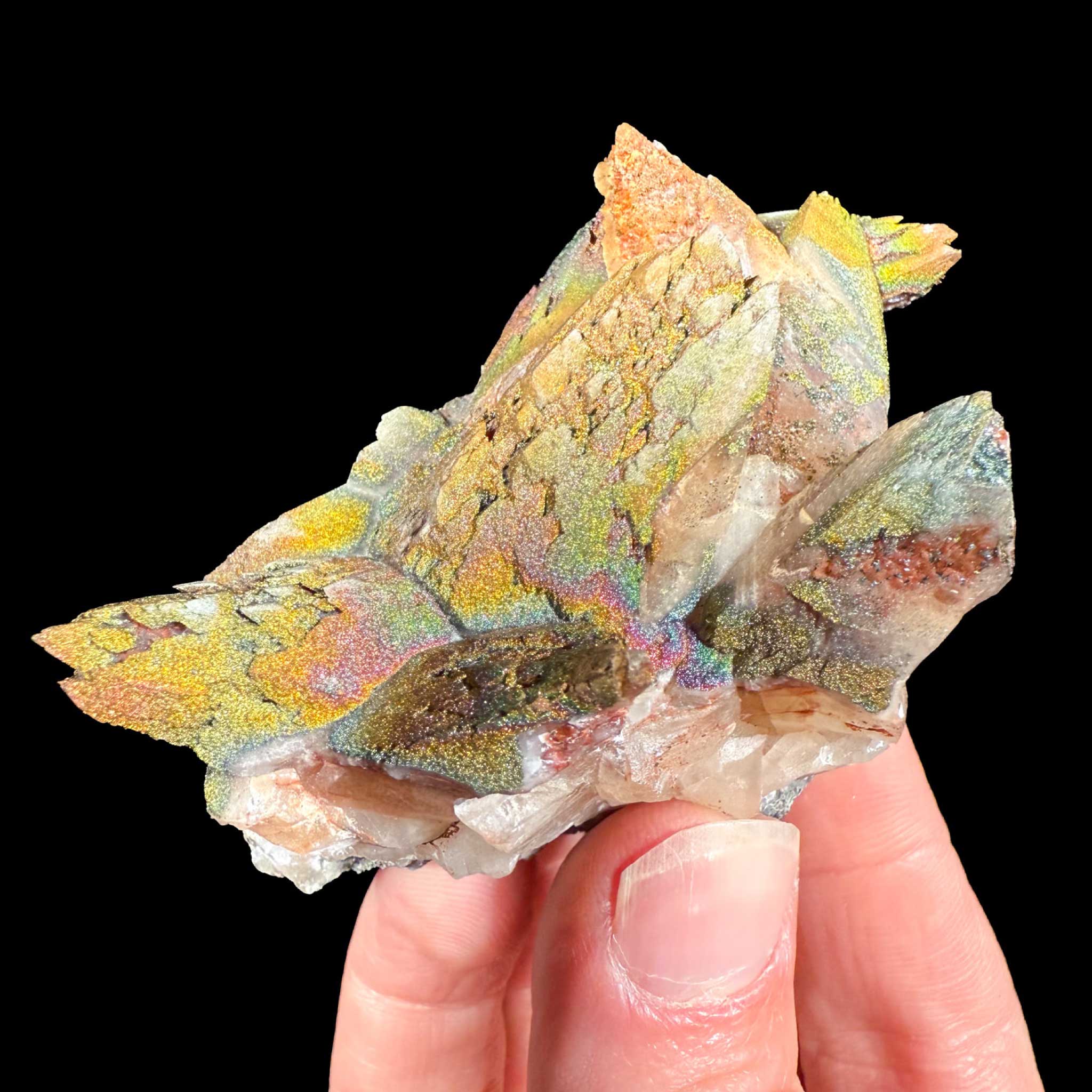 Rainbow Calcite and Chalcopyrite crystal specimen from Moldova