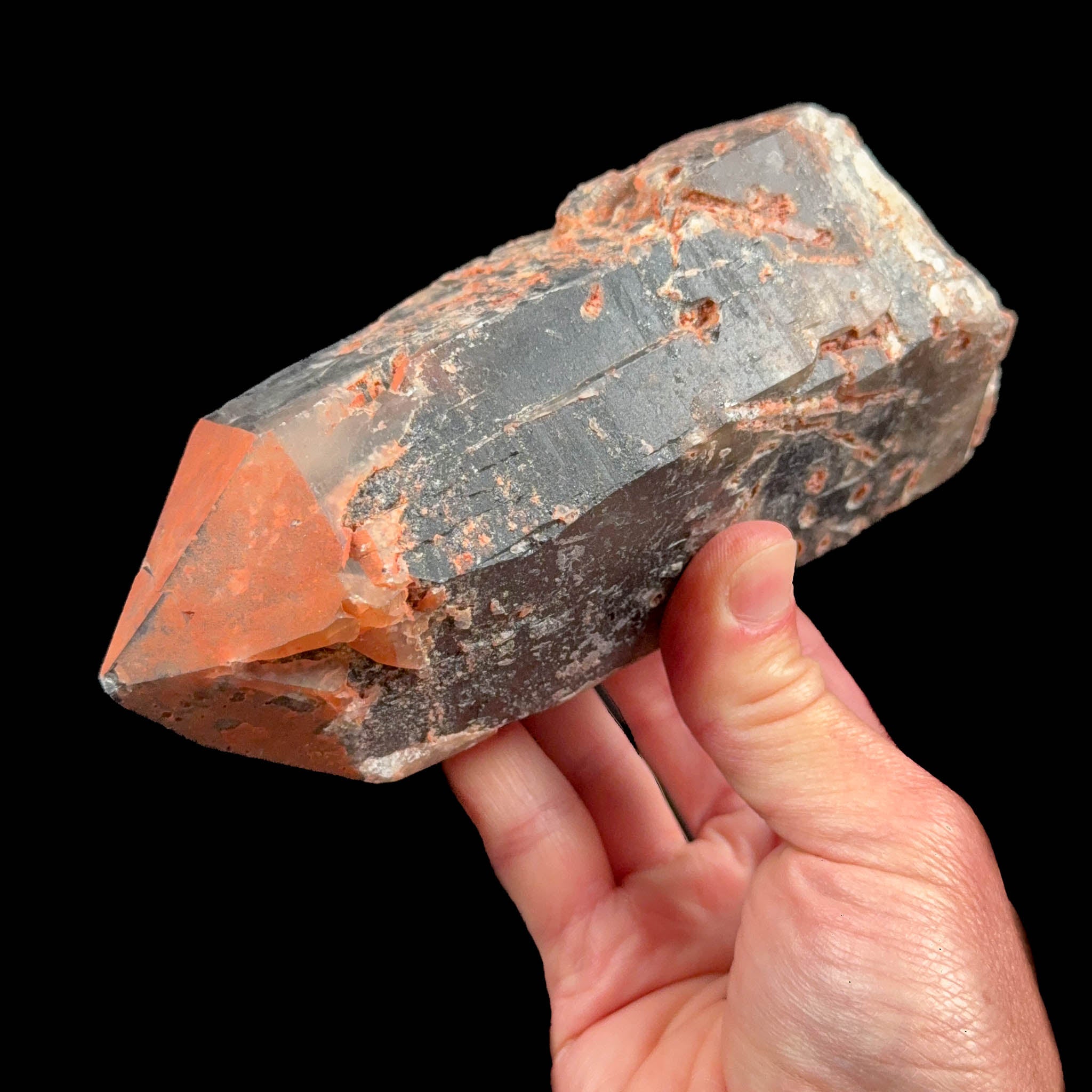 Smoky Quartz crystal with red iron-coating