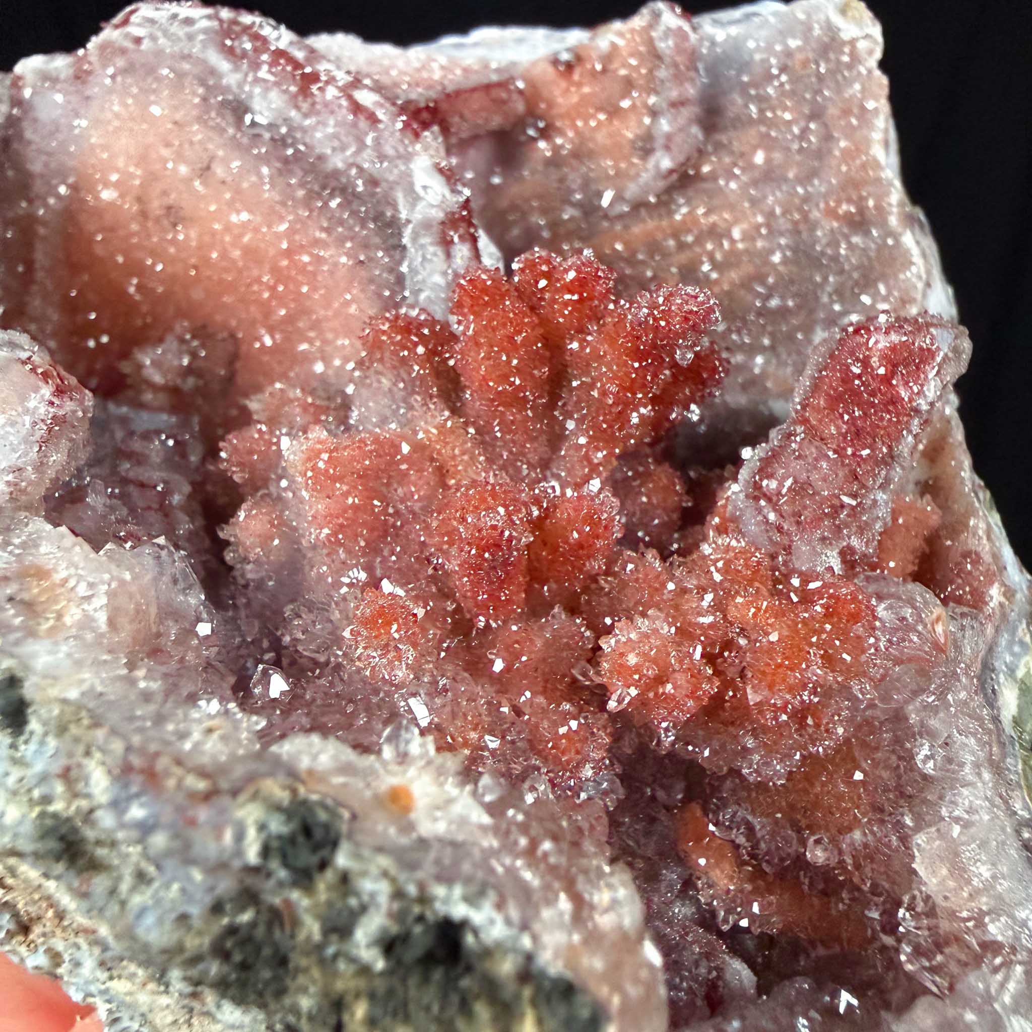 Close up of Quartz stalactite crystals inside a geode