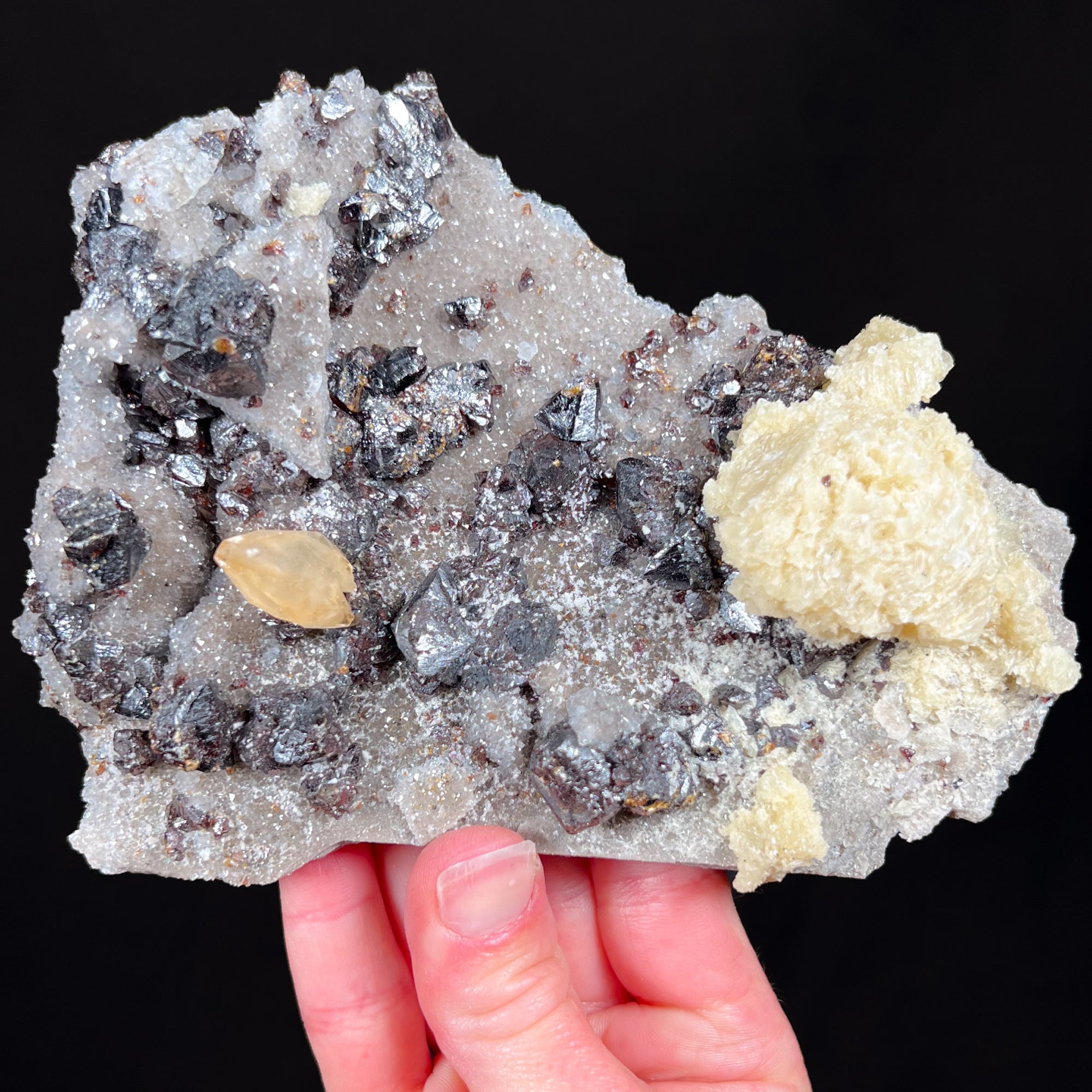 Stellar Beam Calcite on Quartz with Sphalerite and Barite